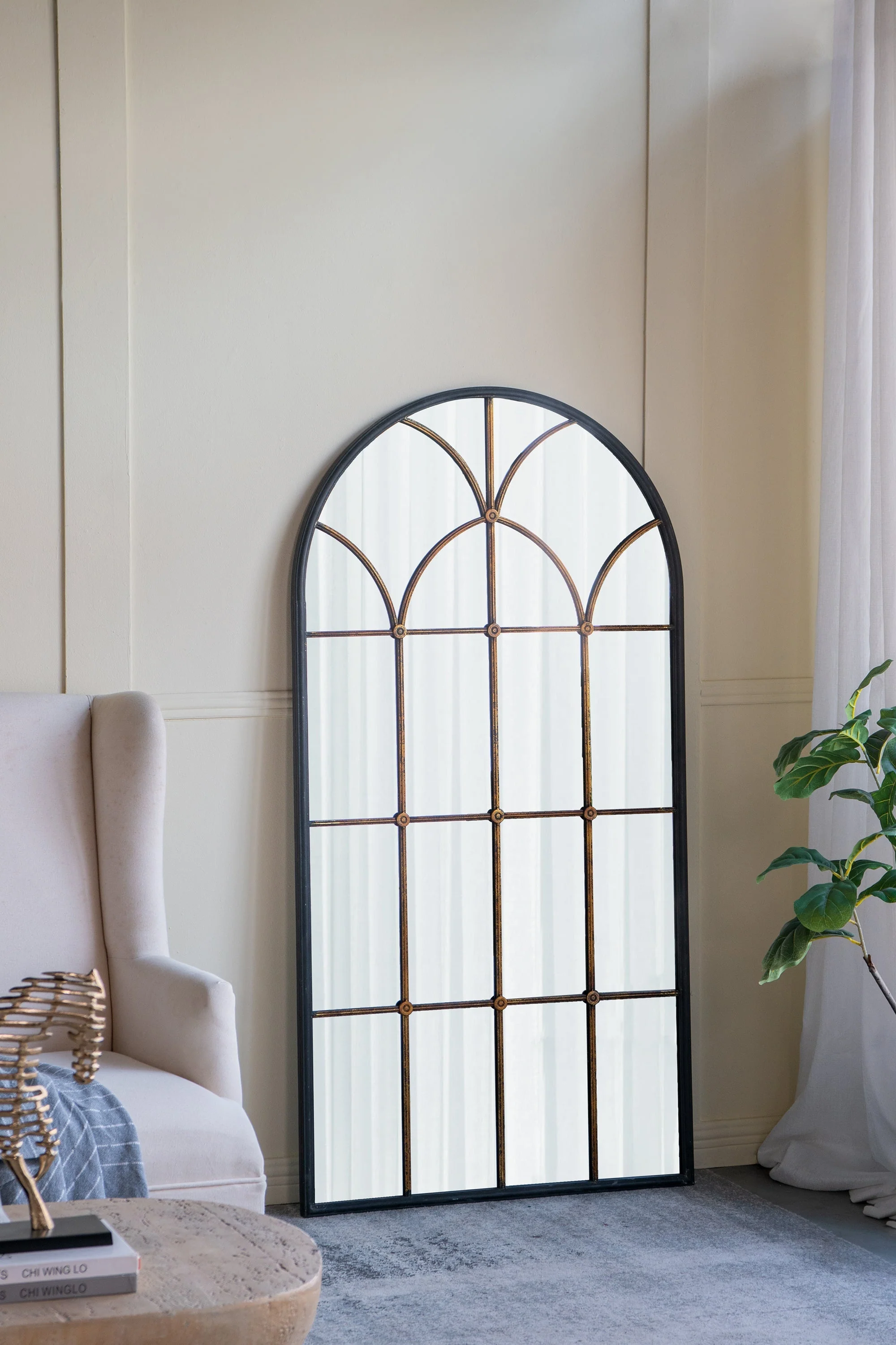 34x65.5' Arched Full-Length Mirror with Black and Gold Windowpane Design - Image 3