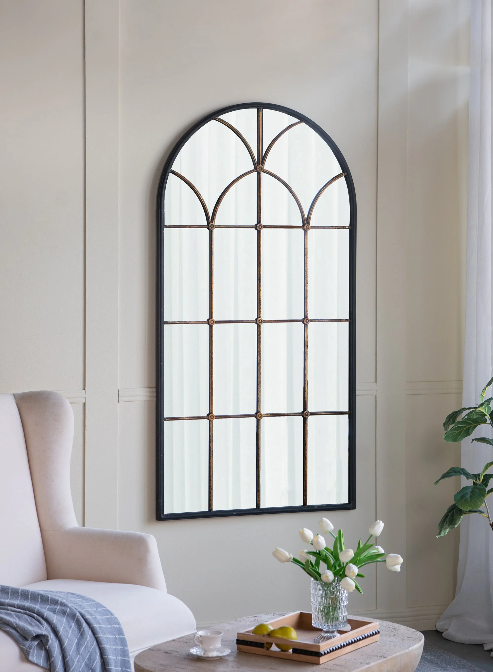 34x65.5' Arched Full-Length Mirror with Black and Gold Windowpane Design - Image 4