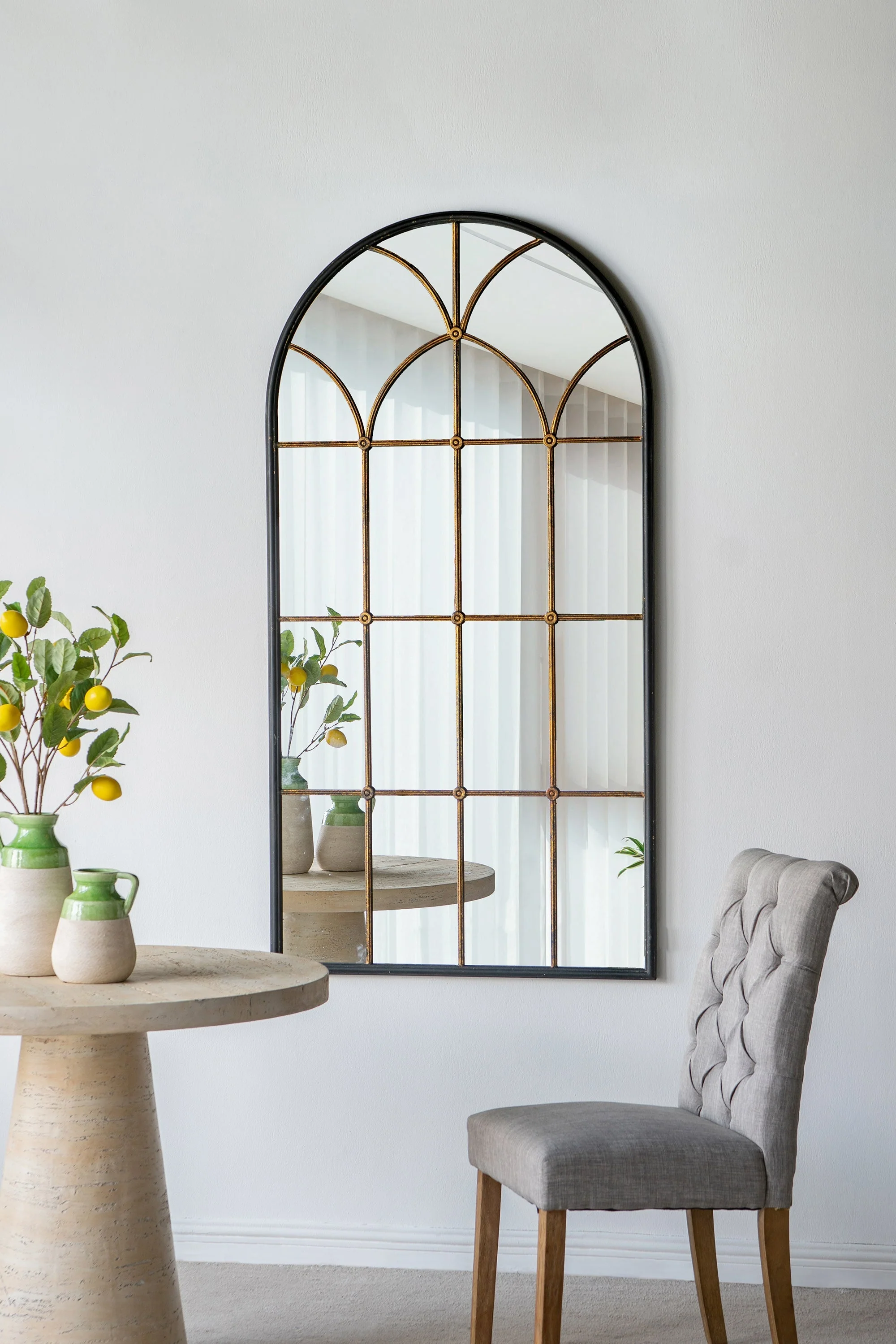 34x65.5' Arched Full-Length Mirror with Black and Gold Windowpane Design - Image 6