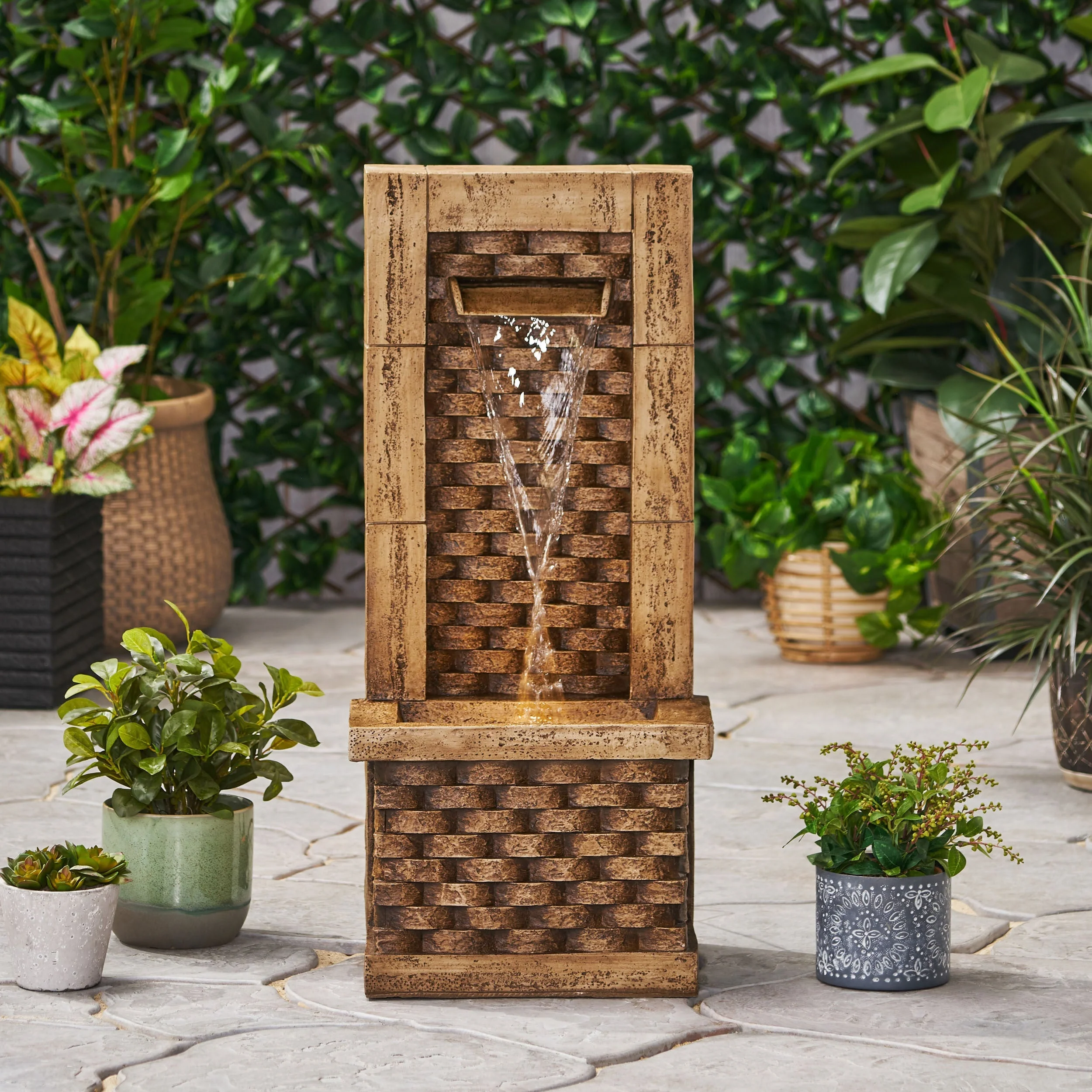 35.25' High Hand Crafted Weather Resistant Floor Fountain with Light Light Brown - Image 2