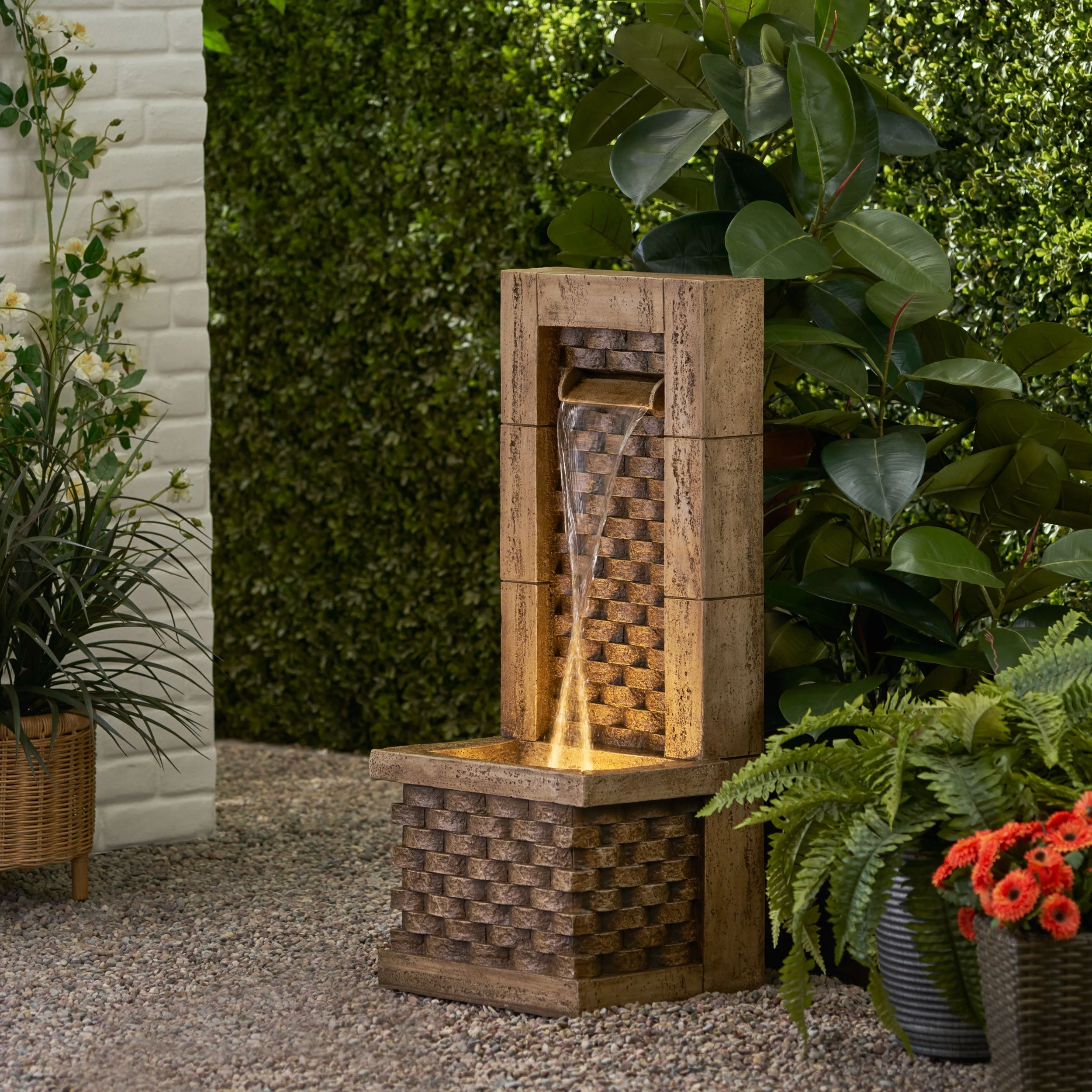 35.25' High Hand Crafted Weather Resistant Floor Fountain with Light Light Brown - Image 3