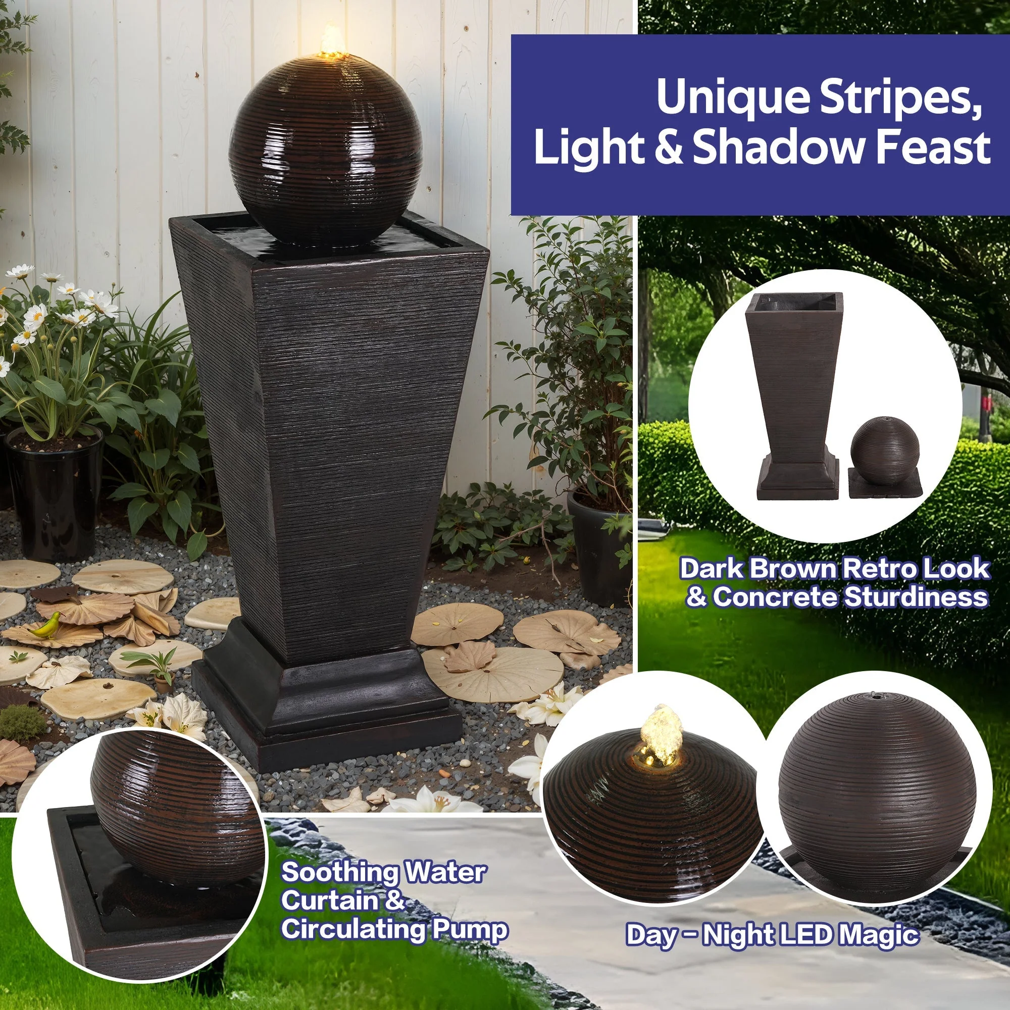 35.5' Dark Brown Concrete Tall Column Fountain with LED Lights - Image 4