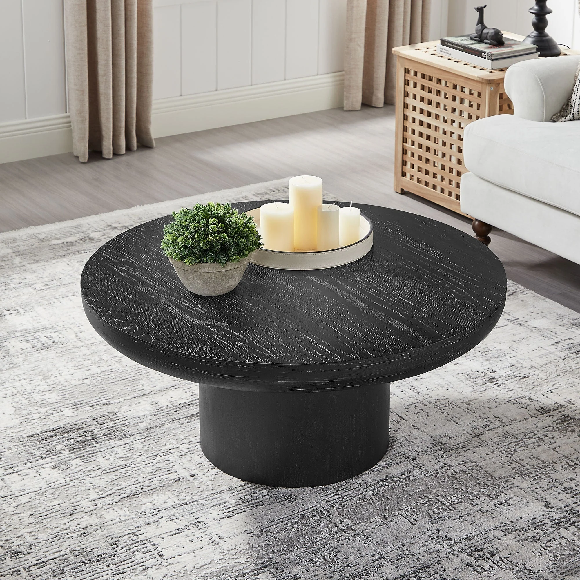 35.98 Inch Round Coffee Table with Cylindrical Black Legs - Image 5