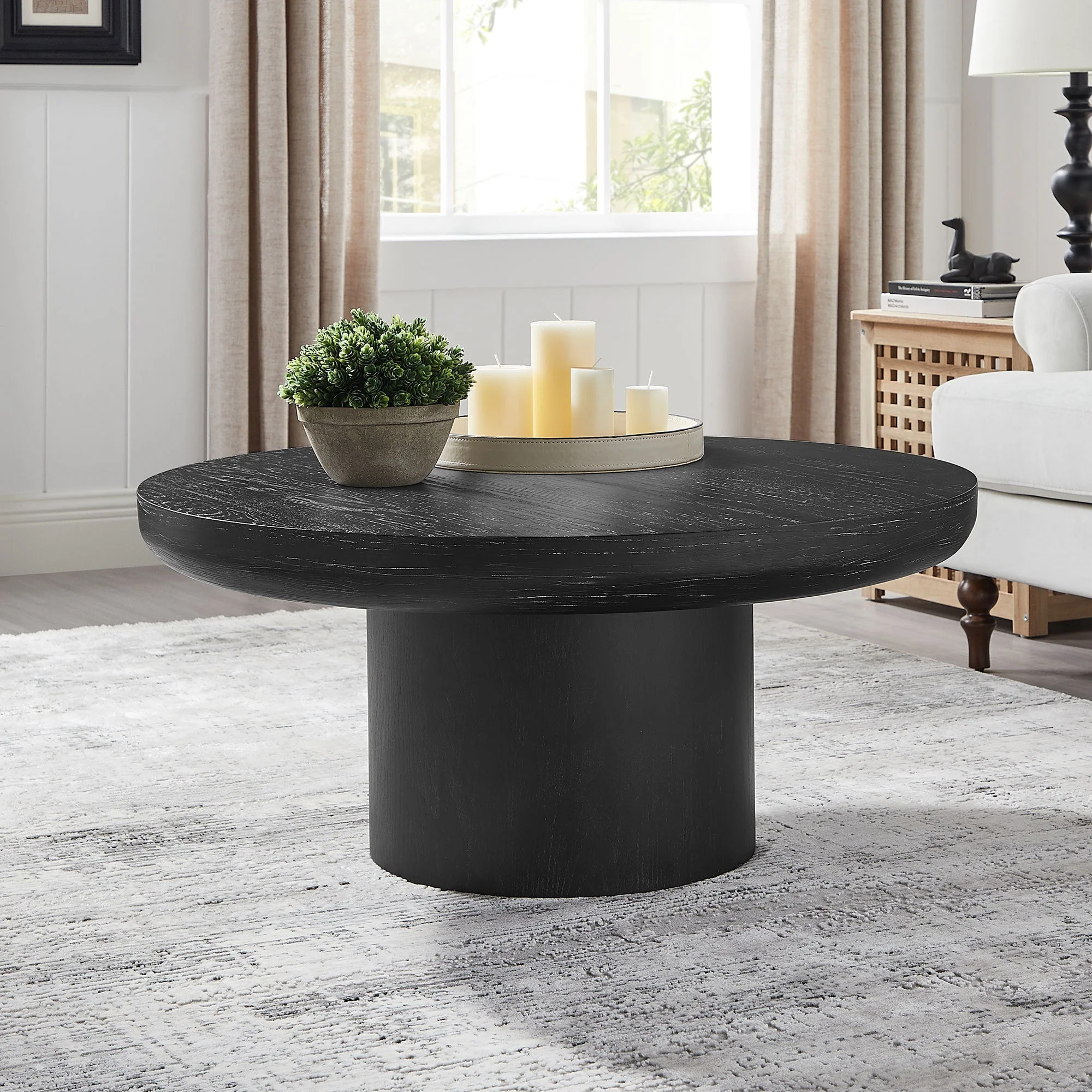 35.98 Inch Round Coffee Table with Cylindrical Black Legs - Image 6