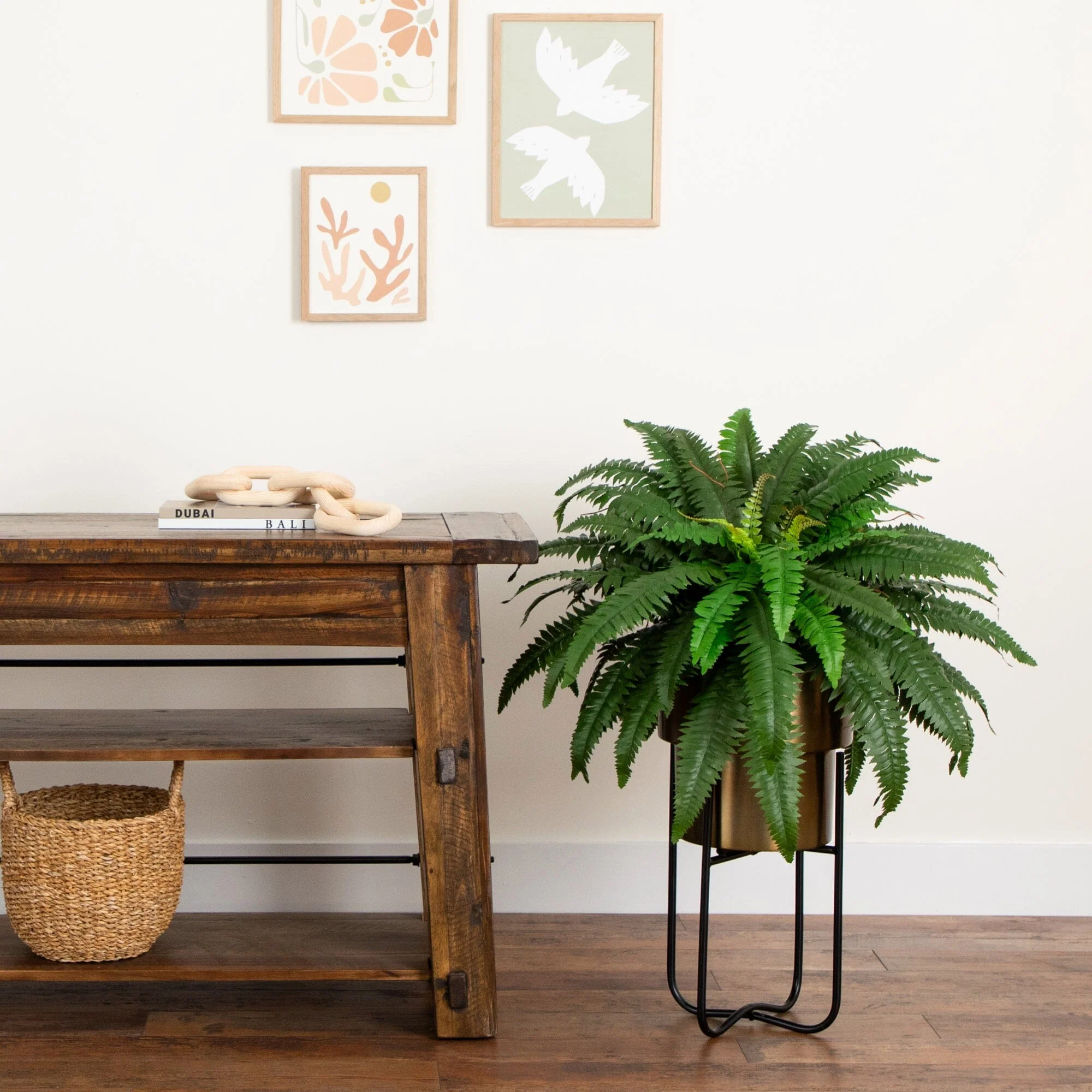 35” Artificial Boston Fern in Brass Metal Planter with Stand - Image 3