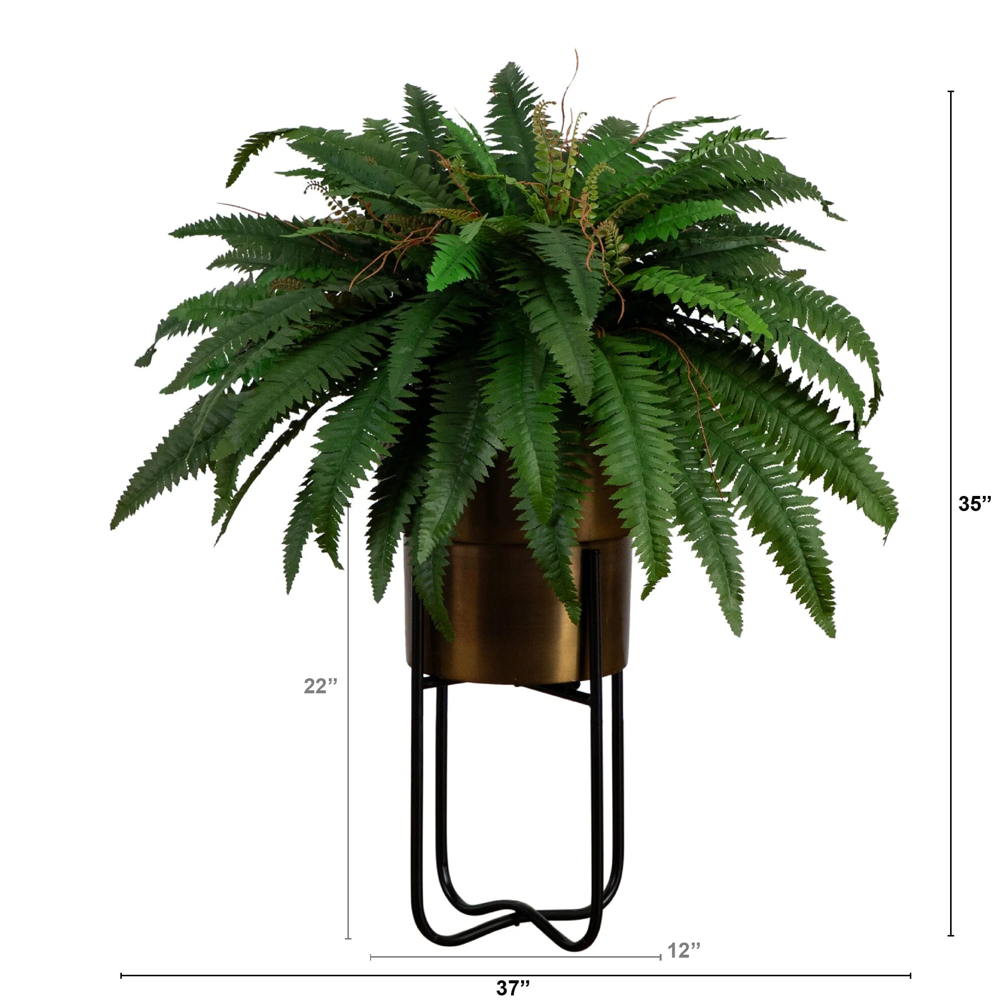 35” Artificial Boston Fern in Brass Metal Planter with Stand - Image 5