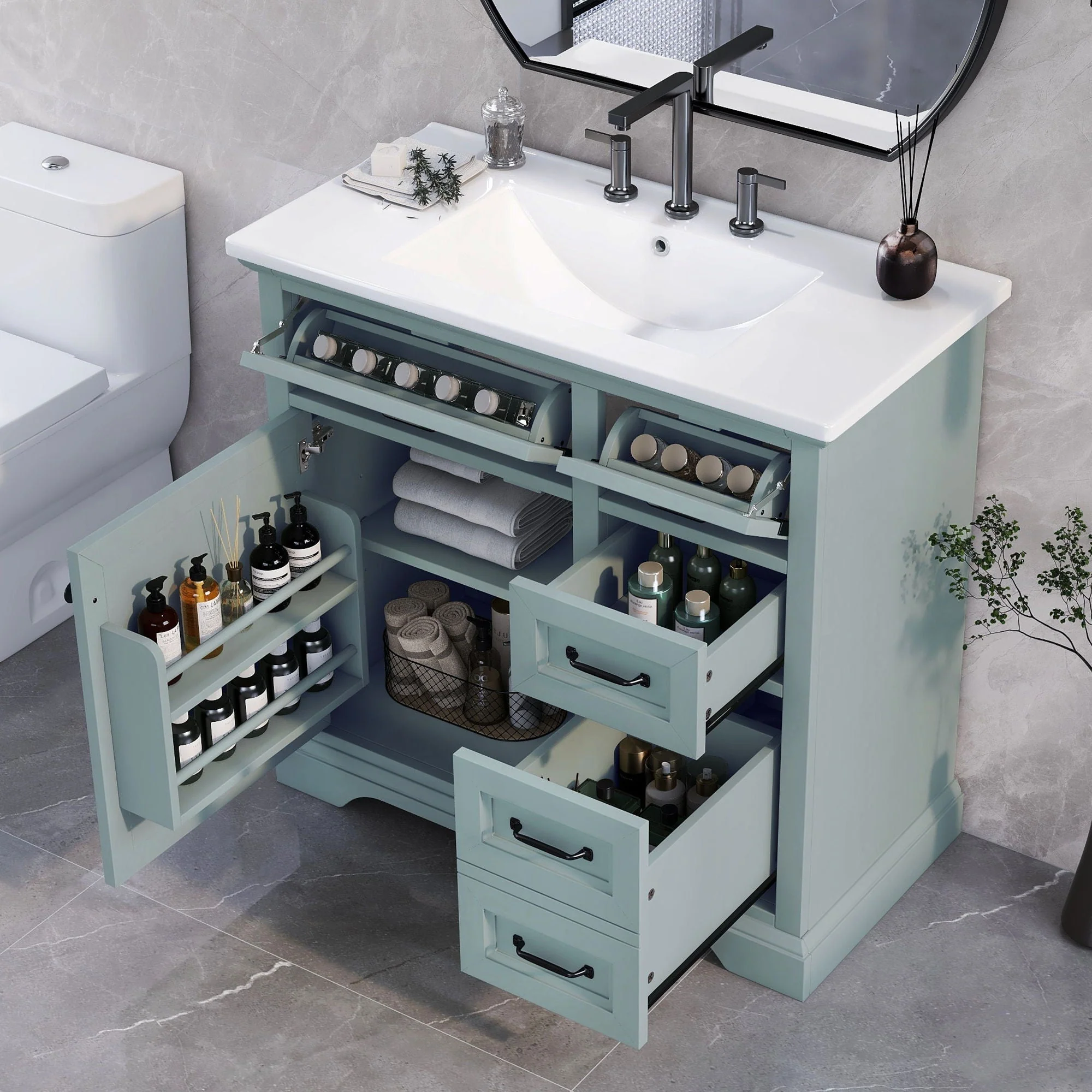 36" Bathroom Vanity With Sink, 2 Tip Out Drawers, Soft Close Hinges - Image 3