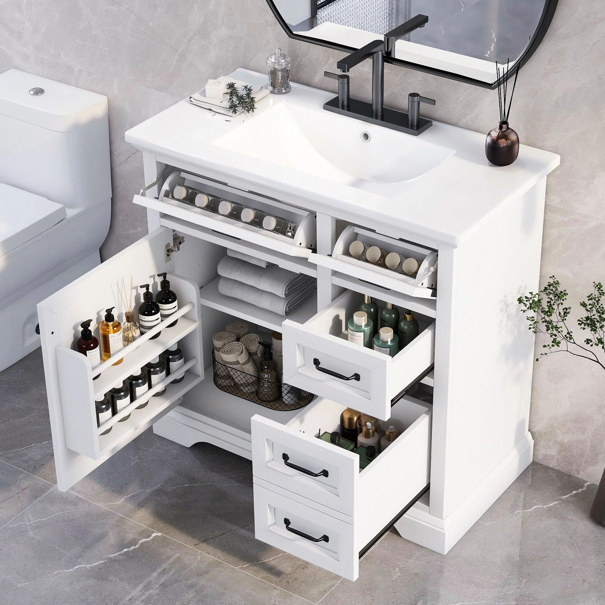 36" Bathroom Vanity With Sink, 2 Tip-Out Drawers, Soft Close Hinges - Image 6