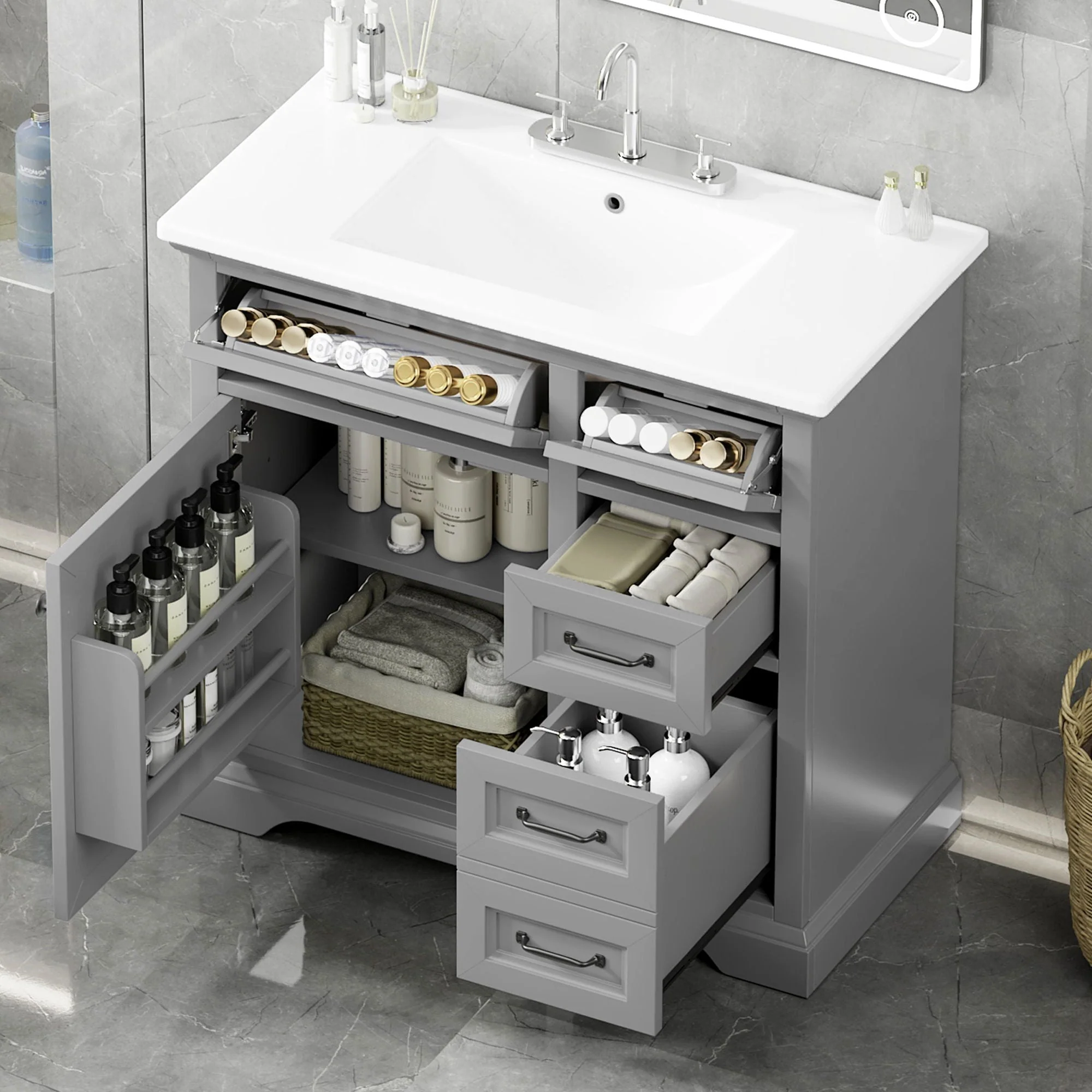 36" Bathroom Vanity With Sink, 2 Tip-Out Drawers, Soft Close Hinges - Image 8