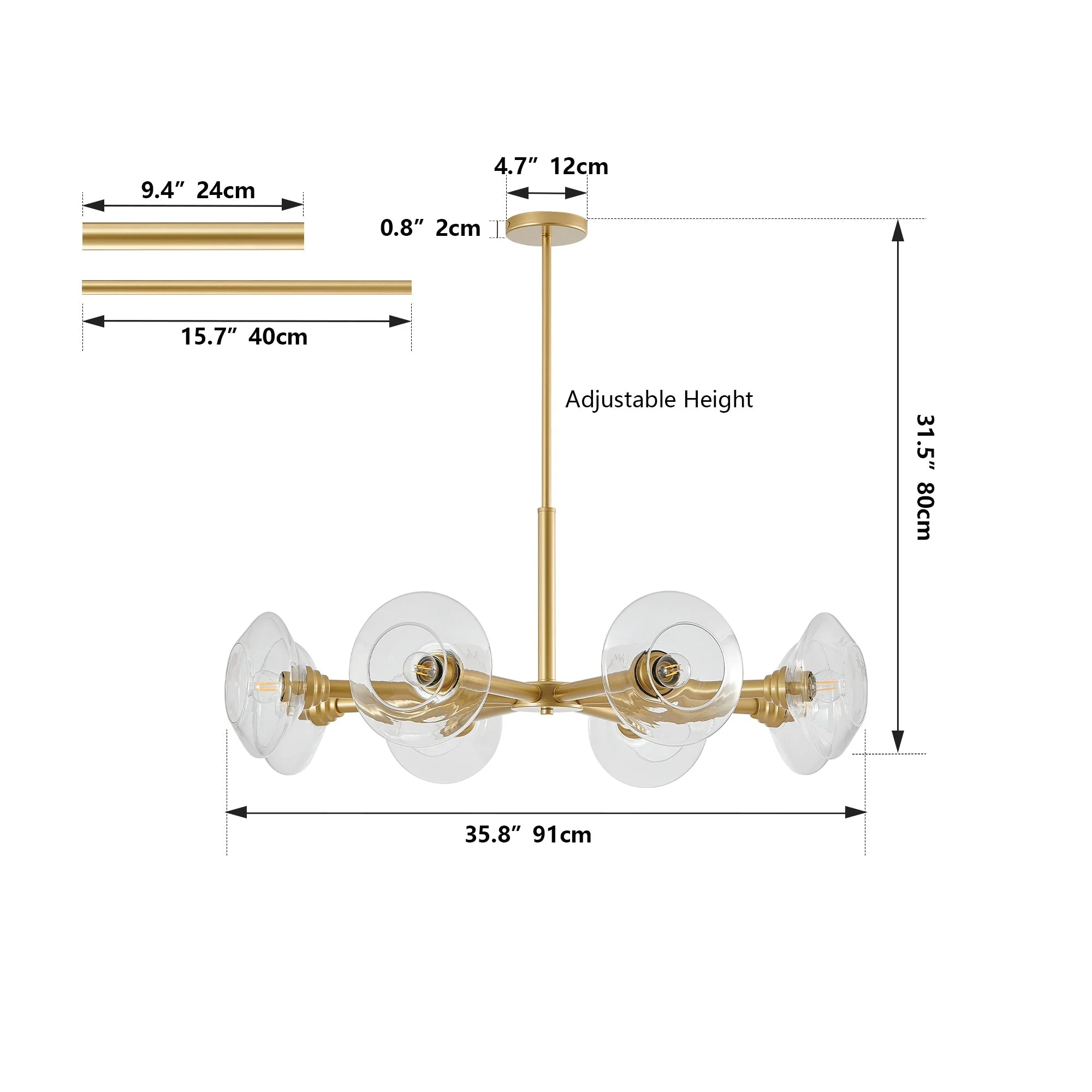 36' Modern Gold 8-Light Sputnik Chandelier with Clear Glass Shades, Mid-Century Hanging Pendant Light Fixture for Dining Room, Living Room, or Kitchen (Bulb Not Included) - Image 10