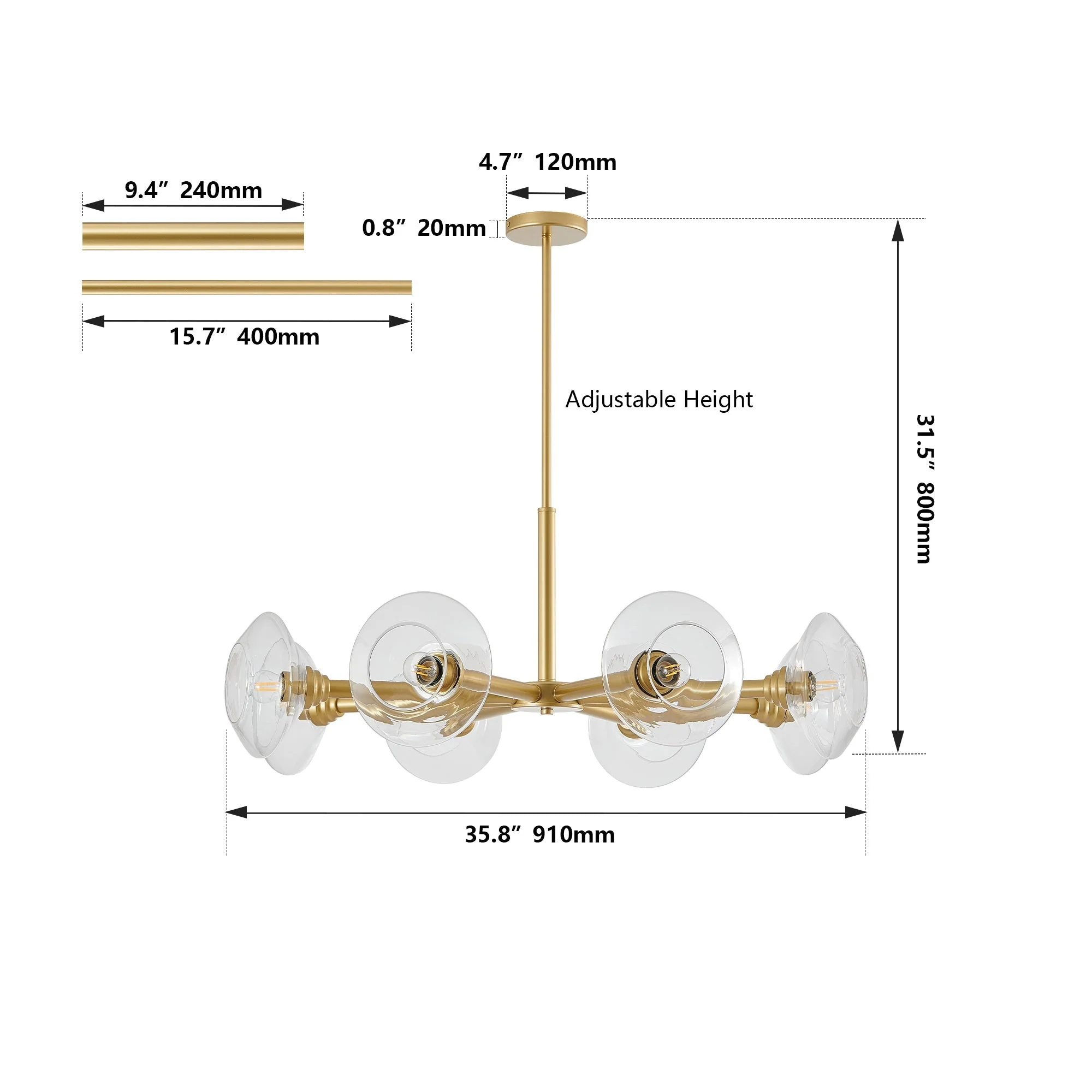 36' Modern Gold 8-Light Sputnik Chandelier with Clear Glass Shades, Mid-Century Hanging Pendant Light Fixture for Dining Room, Living Room, or Kitchen (Bulb Not Included) - Image 11