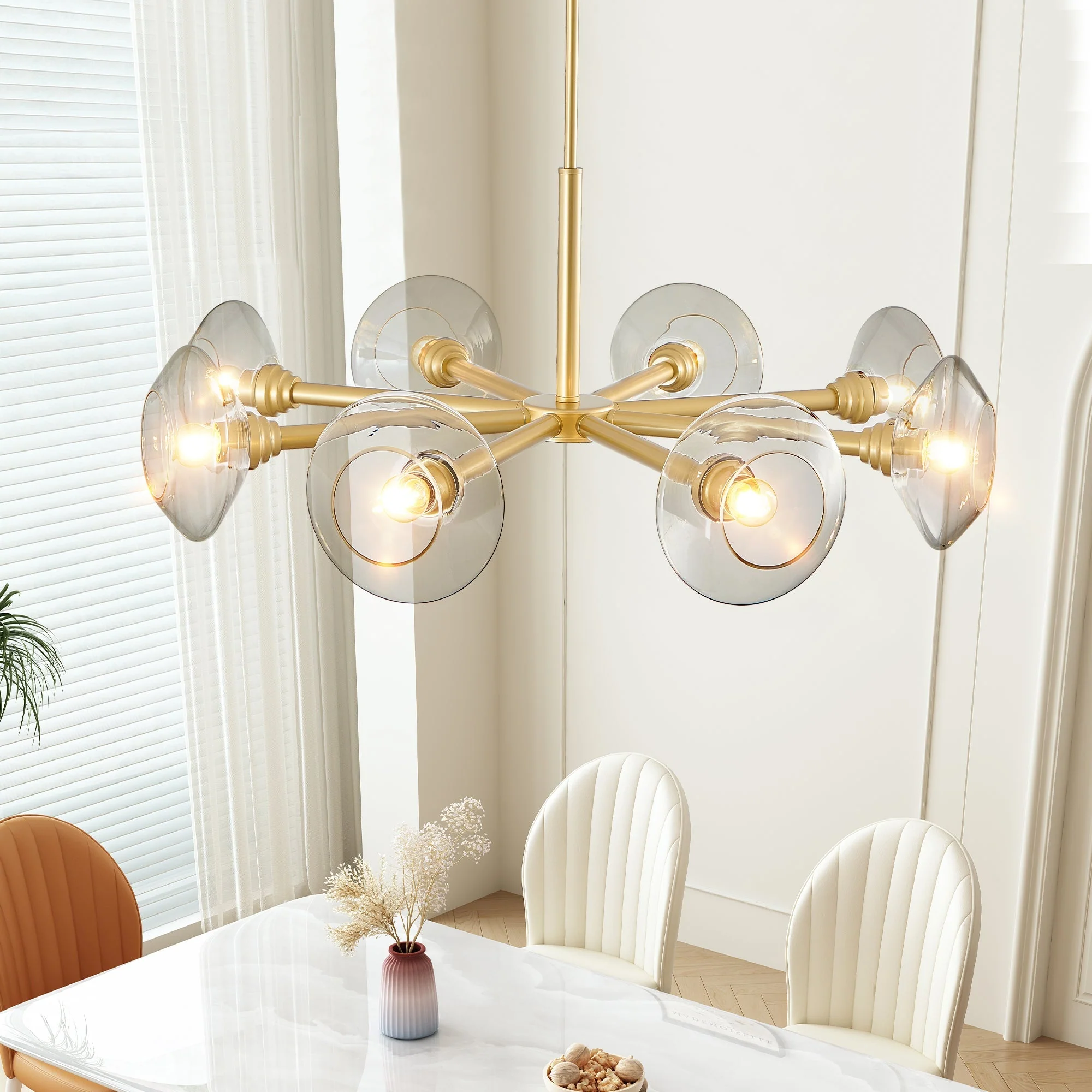 36' Modern Gold 8-Light Sputnik Chandelier with Clear Glass Shades, Mid-Century Hanging Pendant Light Fixture for Dining Room, Living Room, or Kitchen (Bulb Not Included) - Image 2