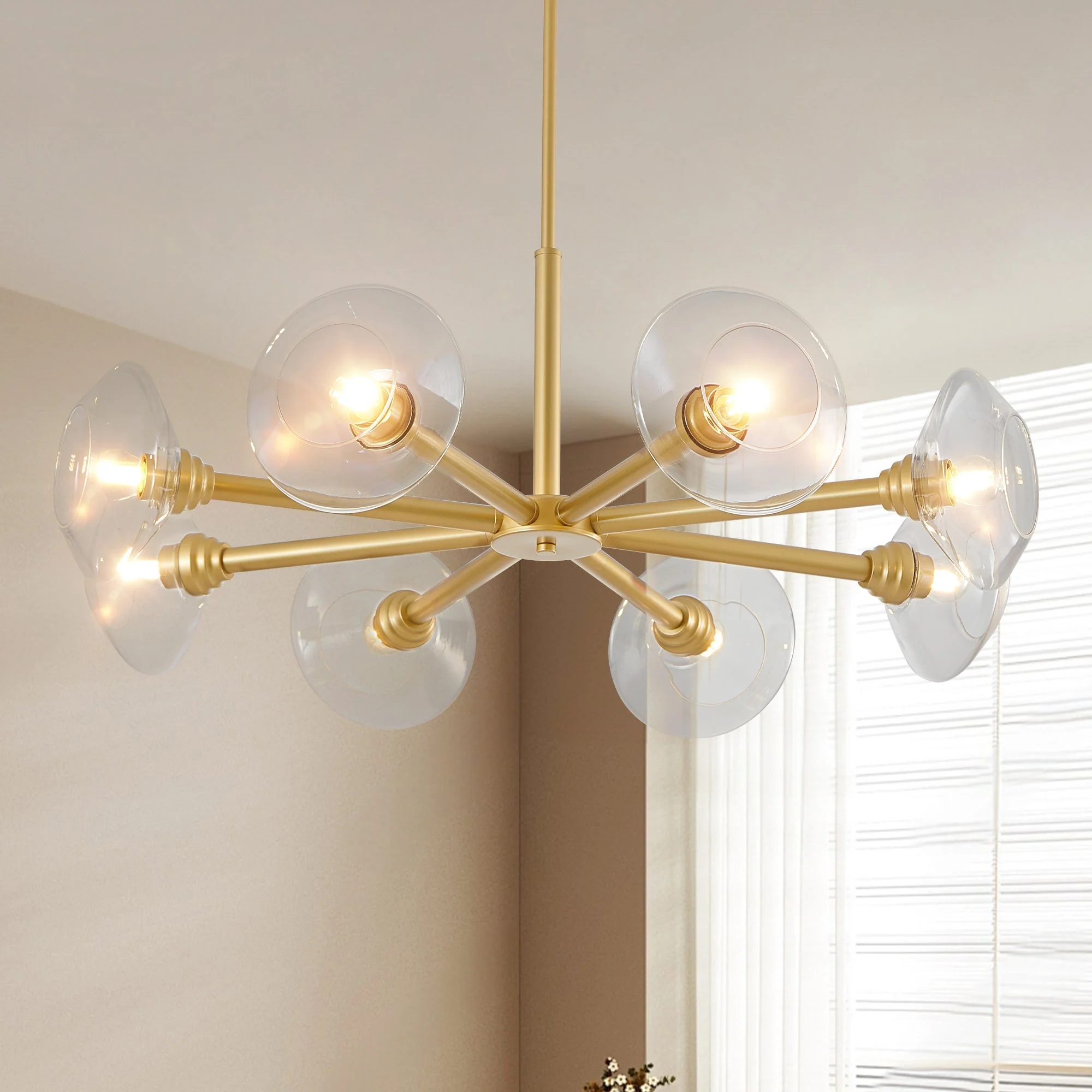 36' Modern Gold 8-Light Sputnik Chandelier with Clear Glass Shades, Mid-Century Hanging Pendant Light Fixture for Dining Room, Living Room, or Kitchen (Bulb Not Included) - Image 3