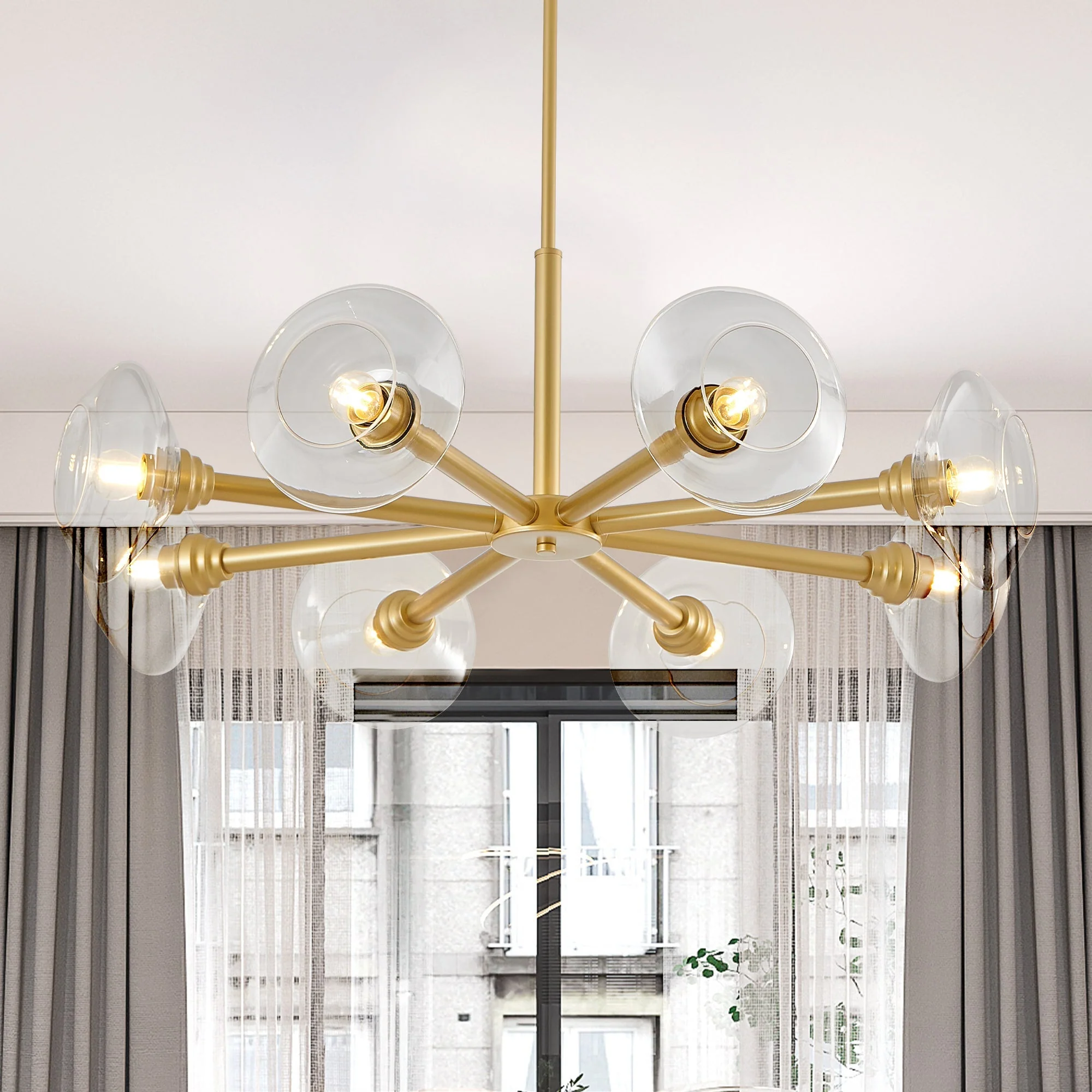 36' Modern Gold 8-Light Sputnik Chandelier with Clear Glass Shades, Mid-Century Hanging Pendant Light Fixture for Dining Room, Living Room, or Kitchen (Bulb Not Included) - Image 4