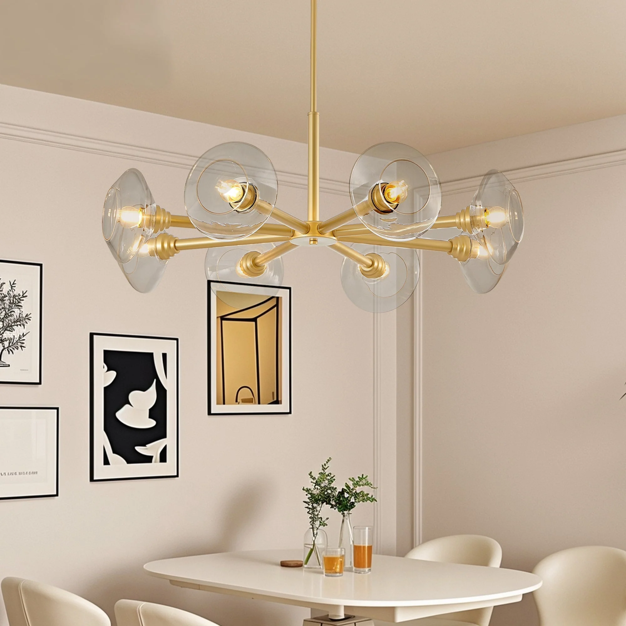 36' Modern Gold 8-Light Sputnik Chandelier with Clear Glass Shades, Mid-Century Hanging Pendant Light Fixture for Dining Room, Living Room, or Kitchen (Bulb Not Included) - Image 5