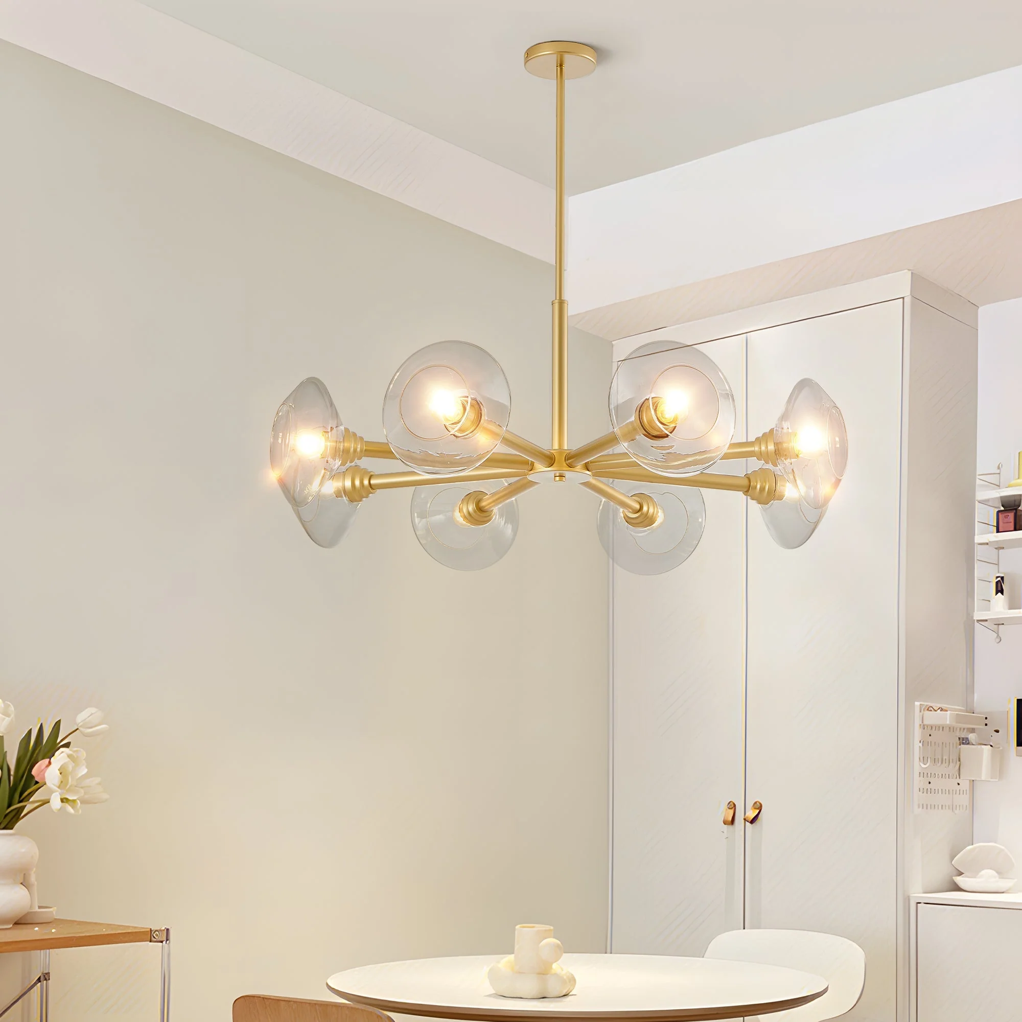 36' Modern Gold 8-Light Sputnik Chandelier with Clear Glass Shades, Mid-Century Hanging Pendant Light Fixture for Dining Room, Living Room, or Kitchen (Bulb Not Included) - Image 6