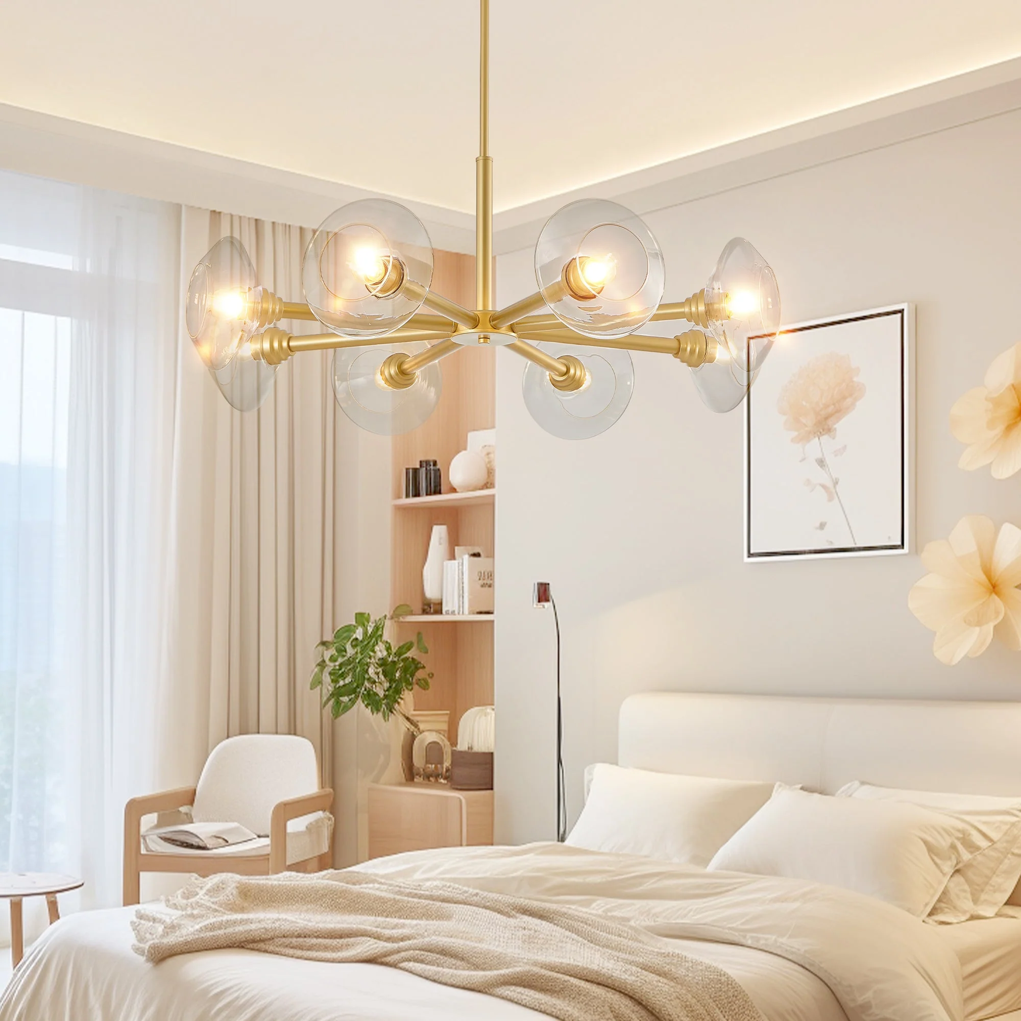 36' Modern Gold 8-Light Sputnik Chandelier with Clear Glass Shades, Mid-Century Hanging Pendant Light Fixture for Dining Room, Living Room, or Kitchen (Bulb Not Included) - Image 7