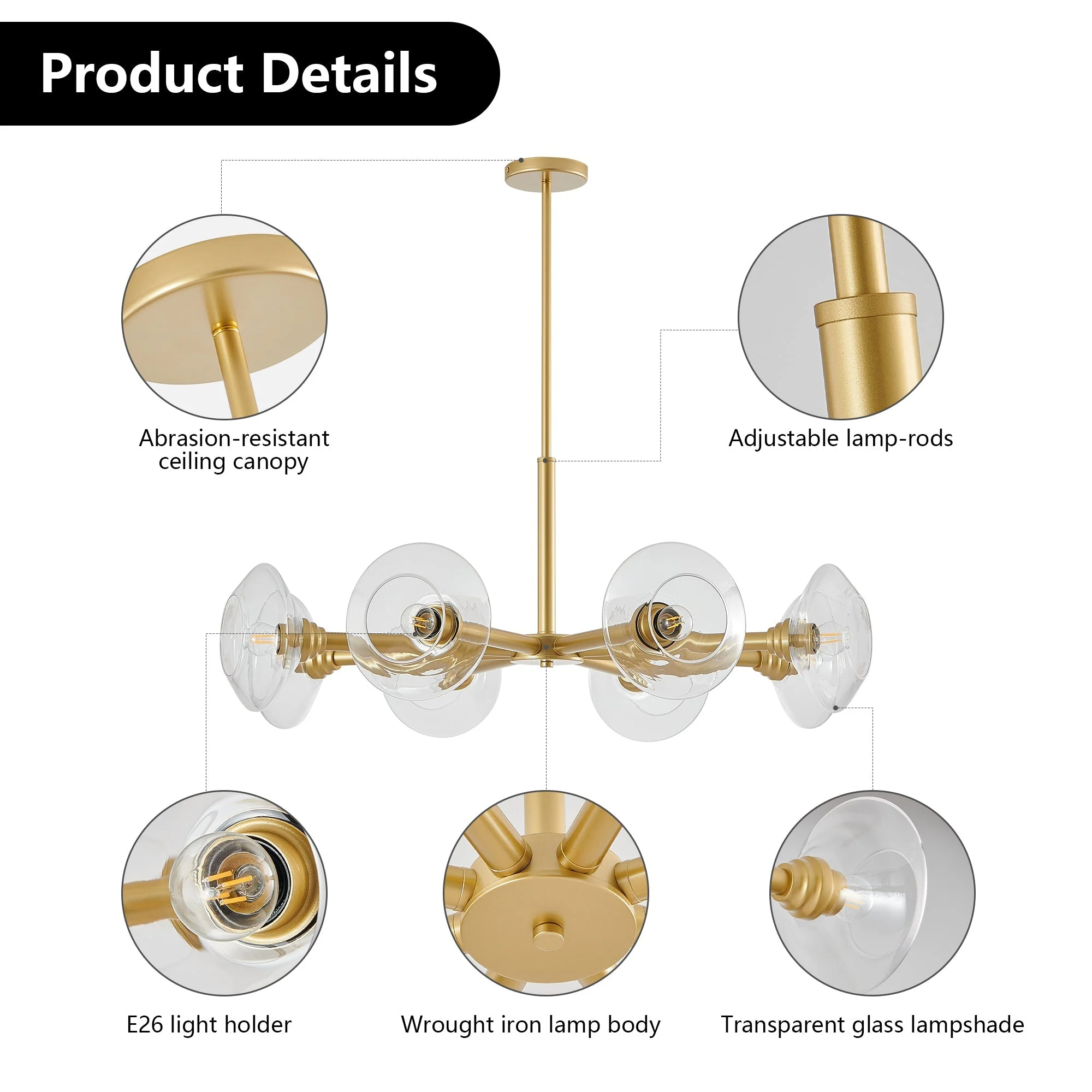 36' Modern Gold 8-Light Sputnik Chandelier with Clear Glass Shades, Mid-Century Hanging Pendant Light Fixture for Dining Room, Living Room, or Kitchen (Bulb Not Included) - Image 9