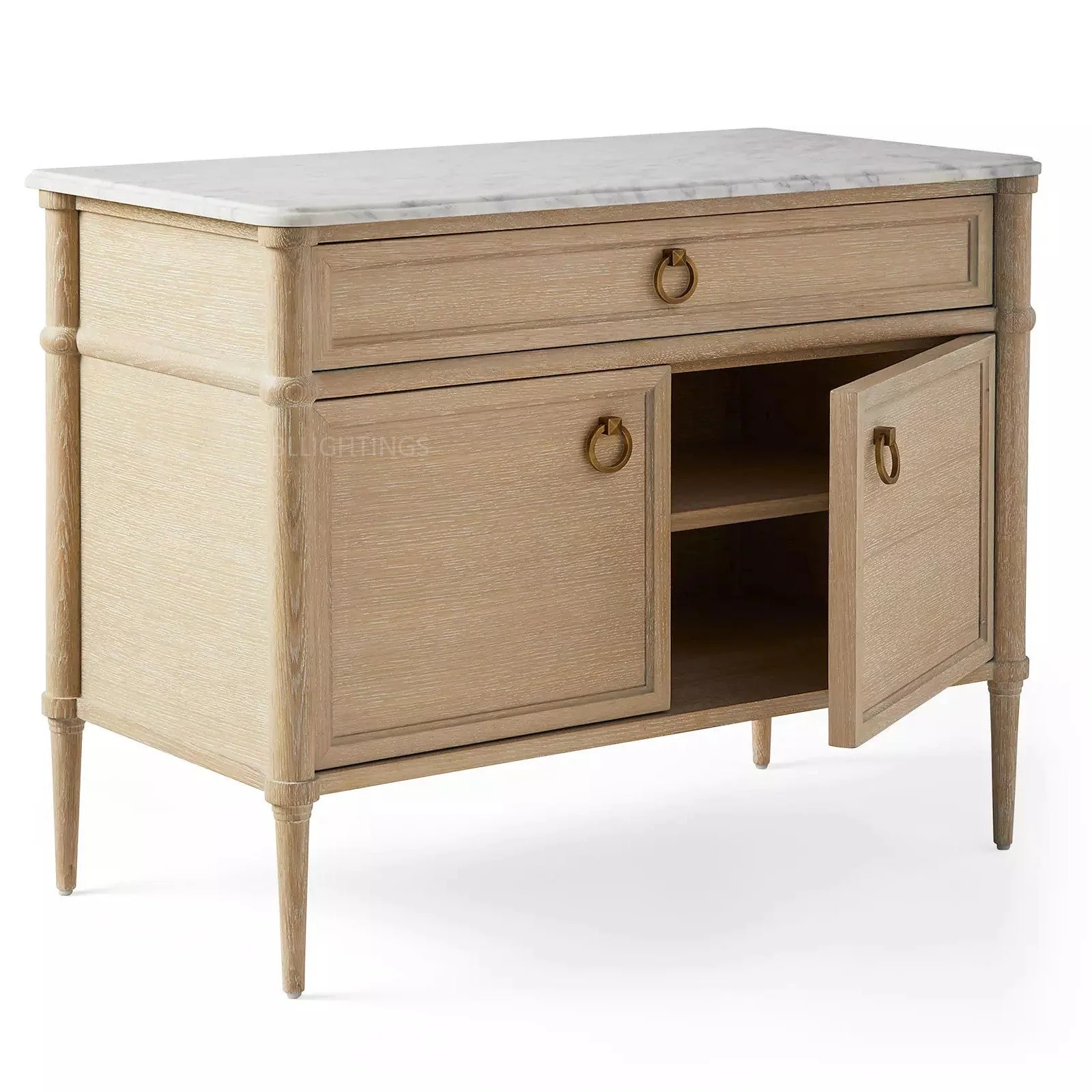 36" Oak Veneer Sideboard with Carrara Marble Top & Brass Pulls - Image 2