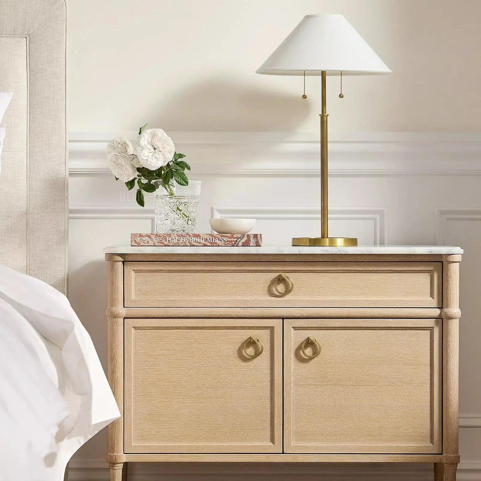 36" Oak Veneer Sideboard with Carrara Marble Top & Brass Pulls - Image 4