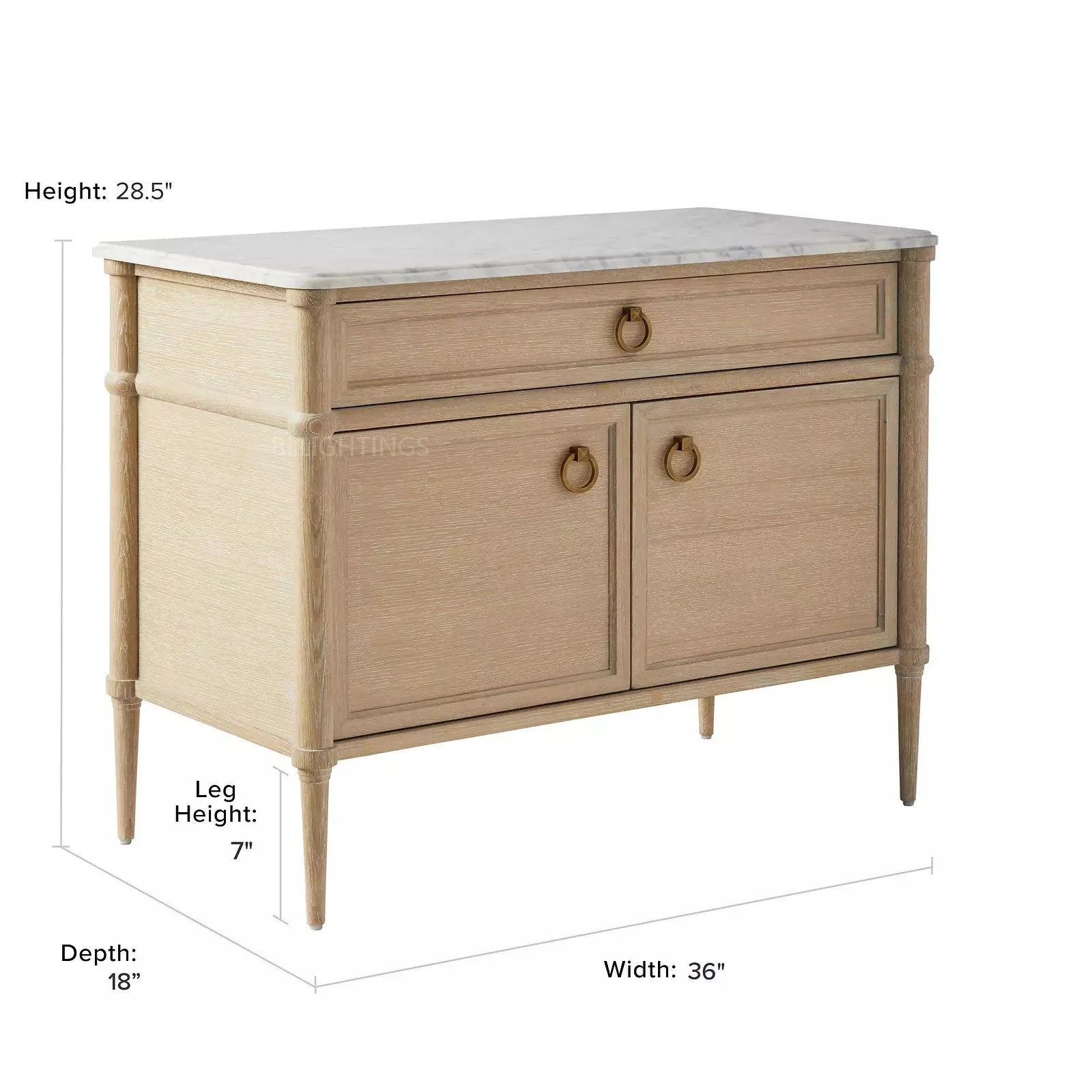 36" Oak Veneer Sideboard with Carrara Marble Top & Brass Pulls - Image 7