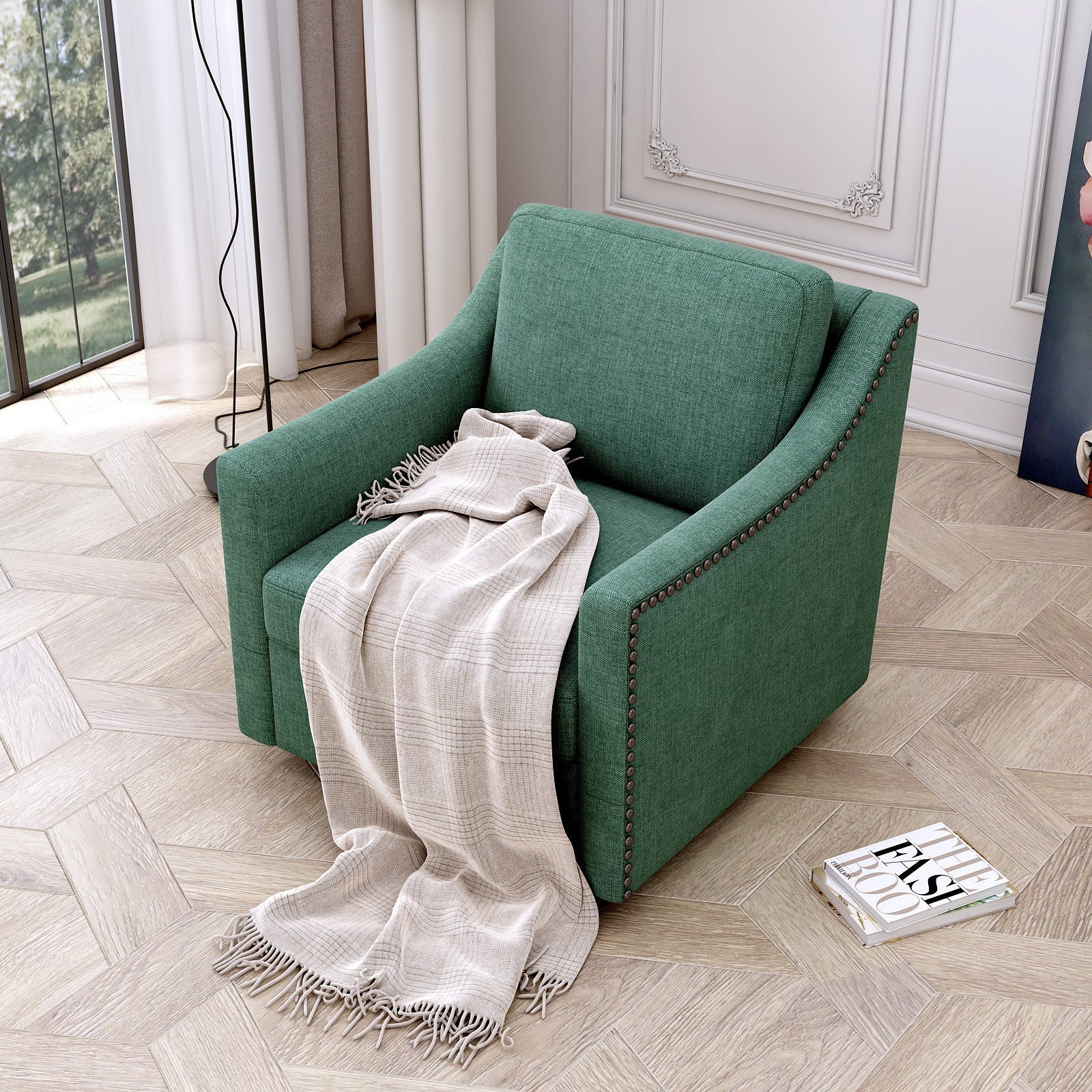 360 Degree Swivel Armchair Cotton Linen Fabric with Brass Nail Detailing - Image 2