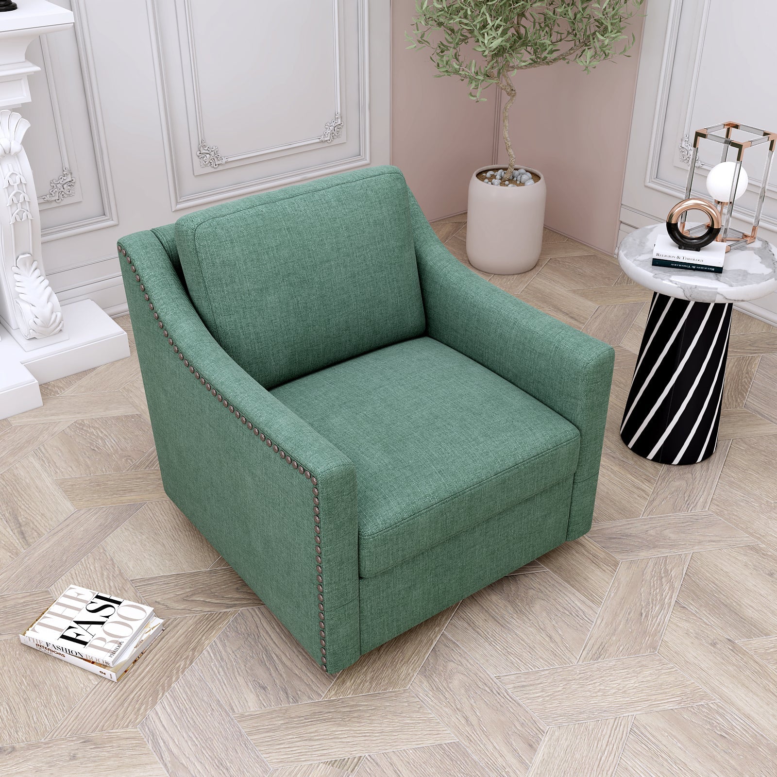 360 Degree Swivel Armchair Cotton Linen Fabric with Brass Nail Detailing - Image 3