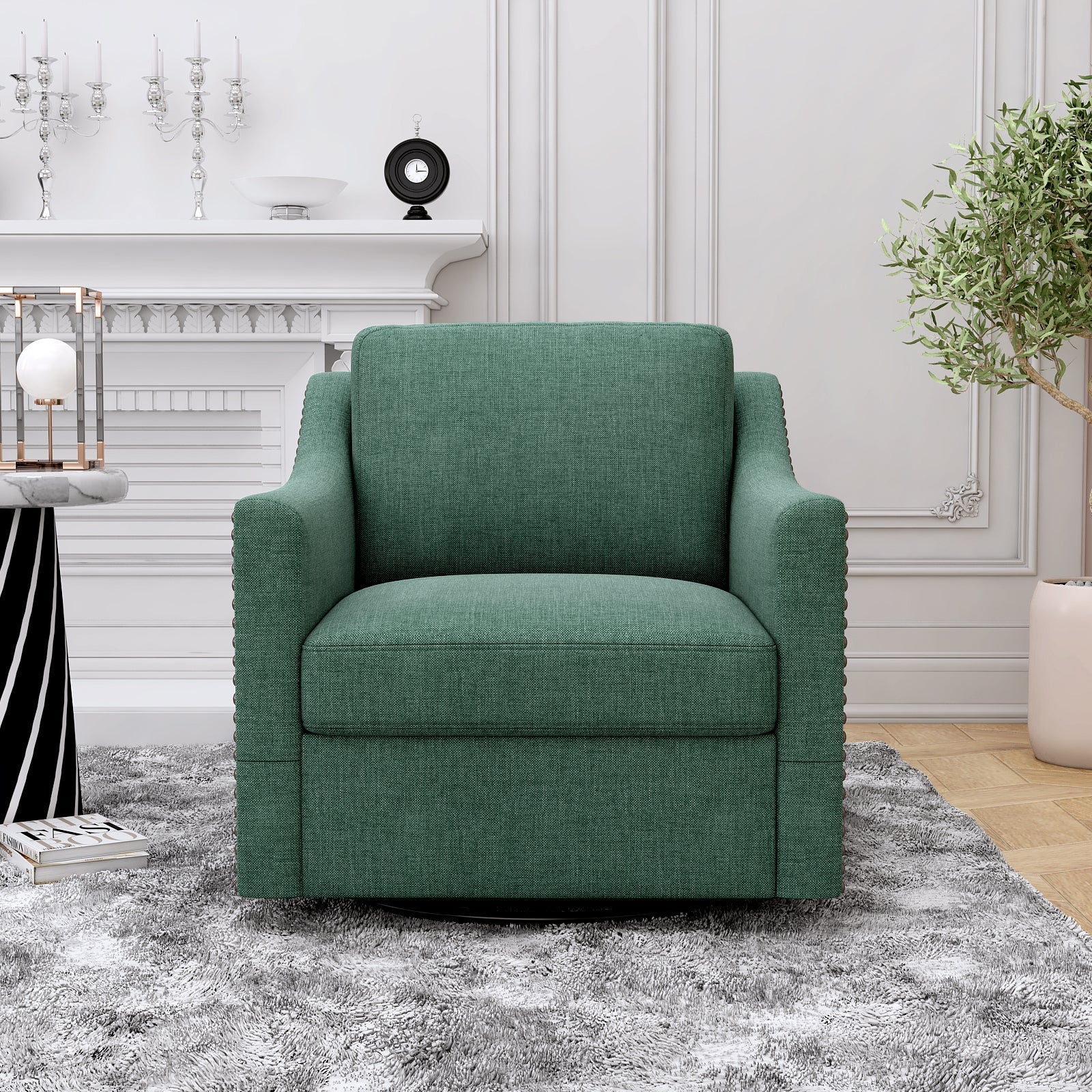 360 Degree Swivel Armchair Cotton Linen Fabric with Brass Nail Detailing - Image 4