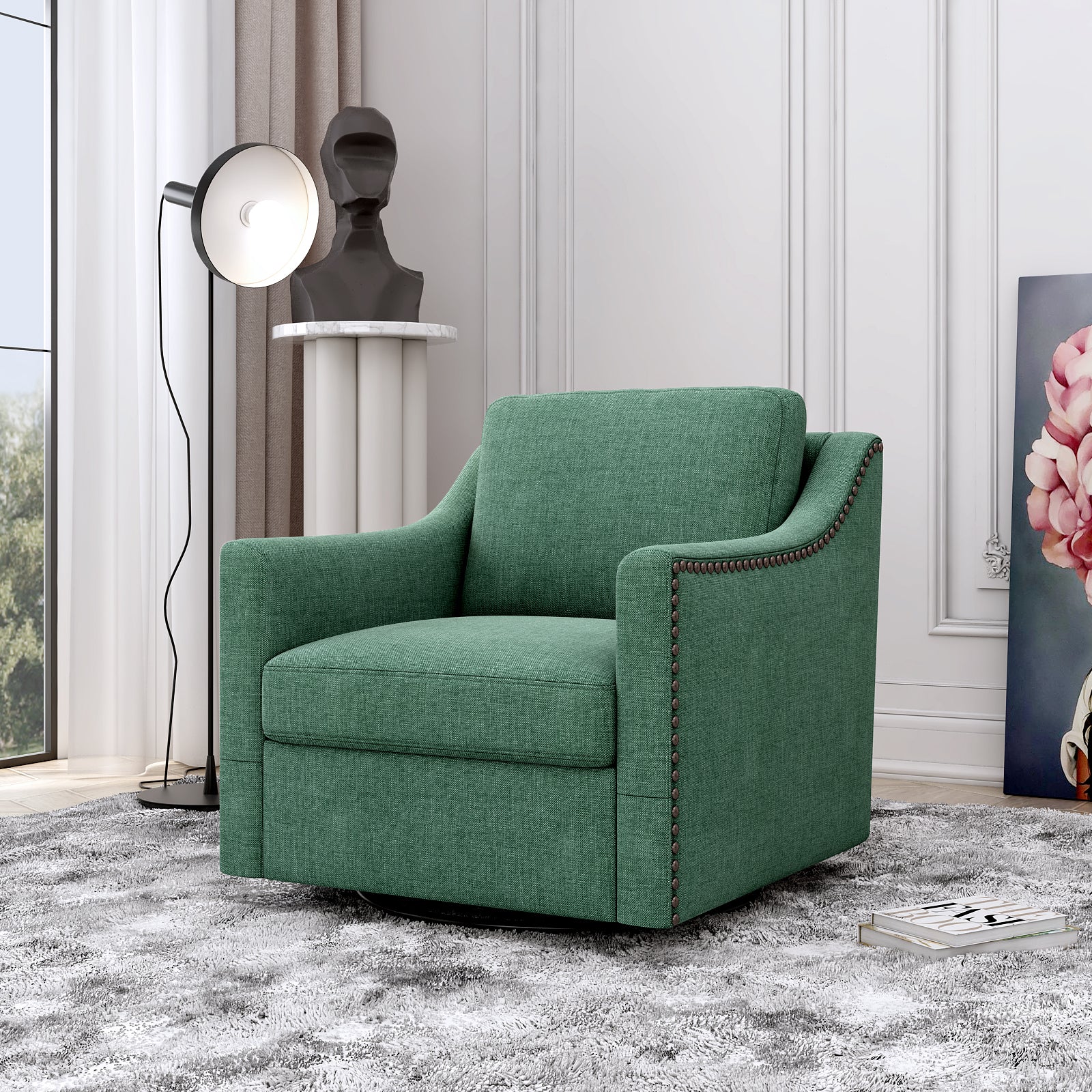 360 Degree Swivel Armchair Cotton Linen Fabric with Brass Nail Detailing - Image 5
