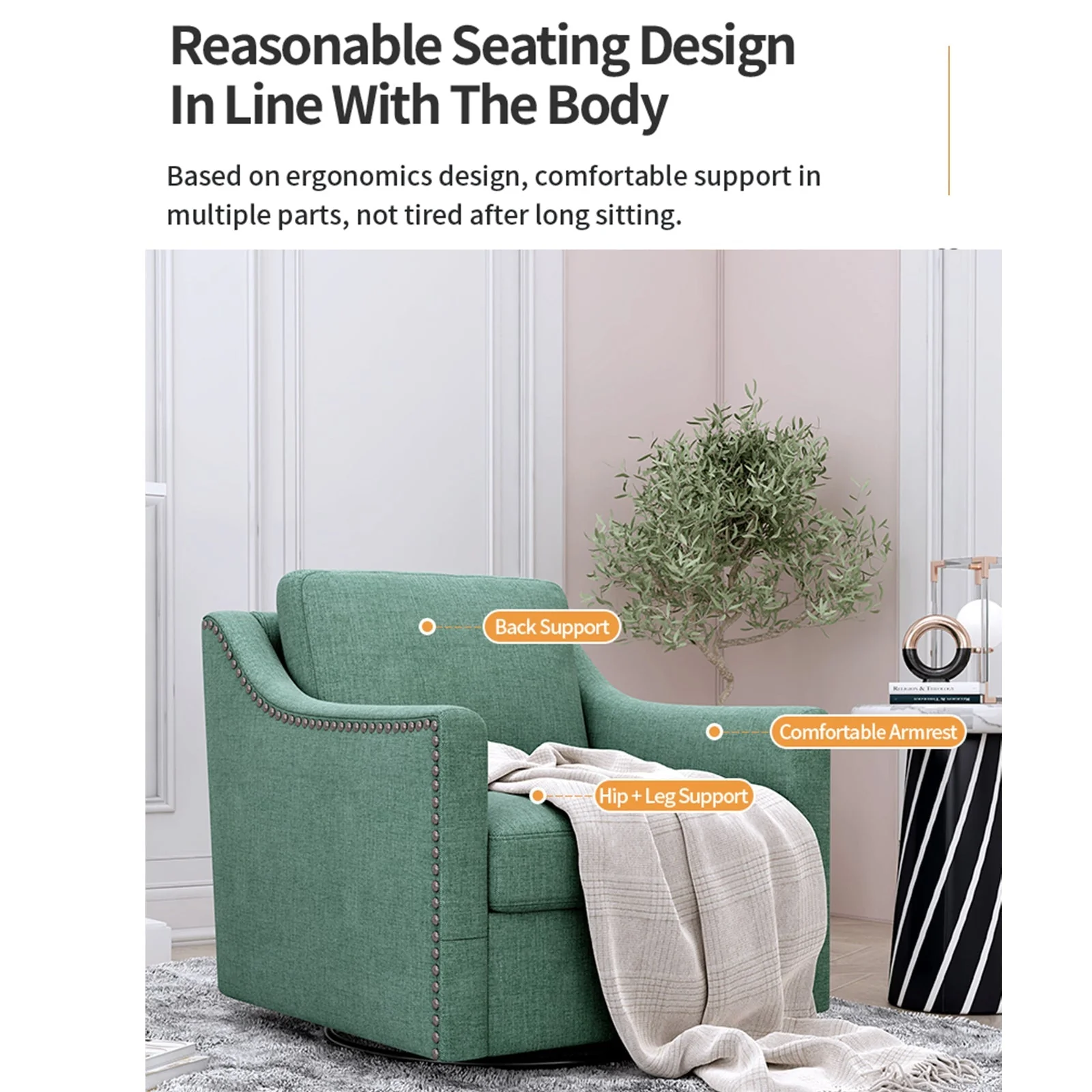 360 Degree Swivel Armchair Cotton Linen Fabric with Brass Nail Detailing - Image 6