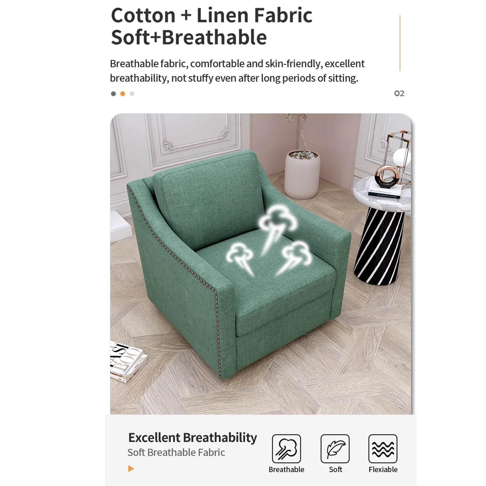360 Degree Swivel Armchair Cotton Linen Fabric with Brass Nail Detailing - Image 7