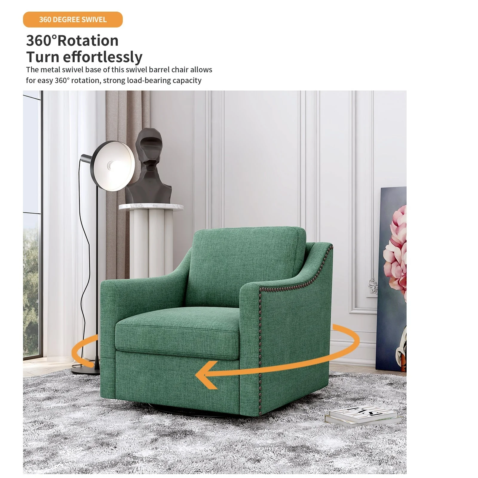 360 Degree Swivel Armchair Cotton Linen Fabric with Brass Nail Detailing - Image 8