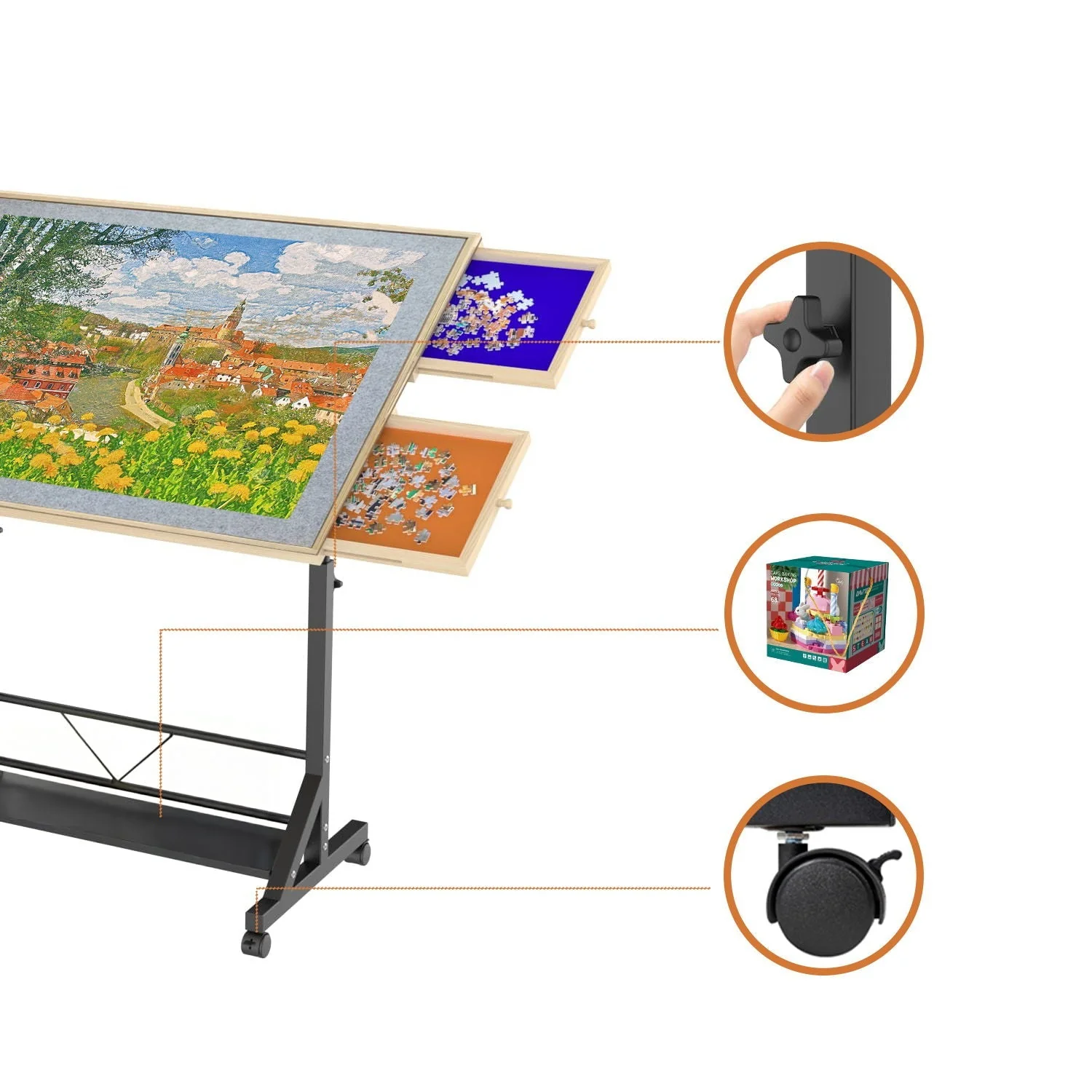 360 Degree Tilting Wooden Puzzle Table With 1500 Pieces, Rolling Design With Adjustable Height, Drawer, And Protective Cover - Black / Natural Wood - Image 2
