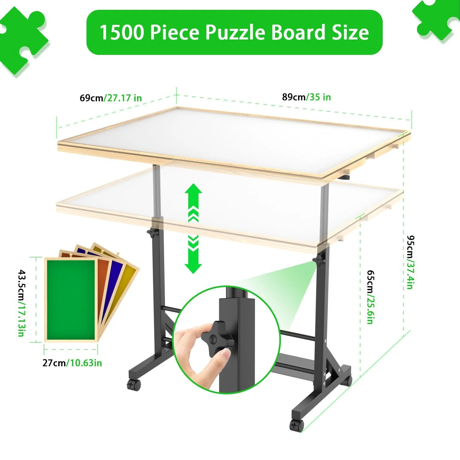 360 Degree Tilting Wooden Puzzle Table With 1500 Pieces, Rolling Design With Adjustable Height, Drawer, And Protective Cover - Black / Natural Wood - Image 4