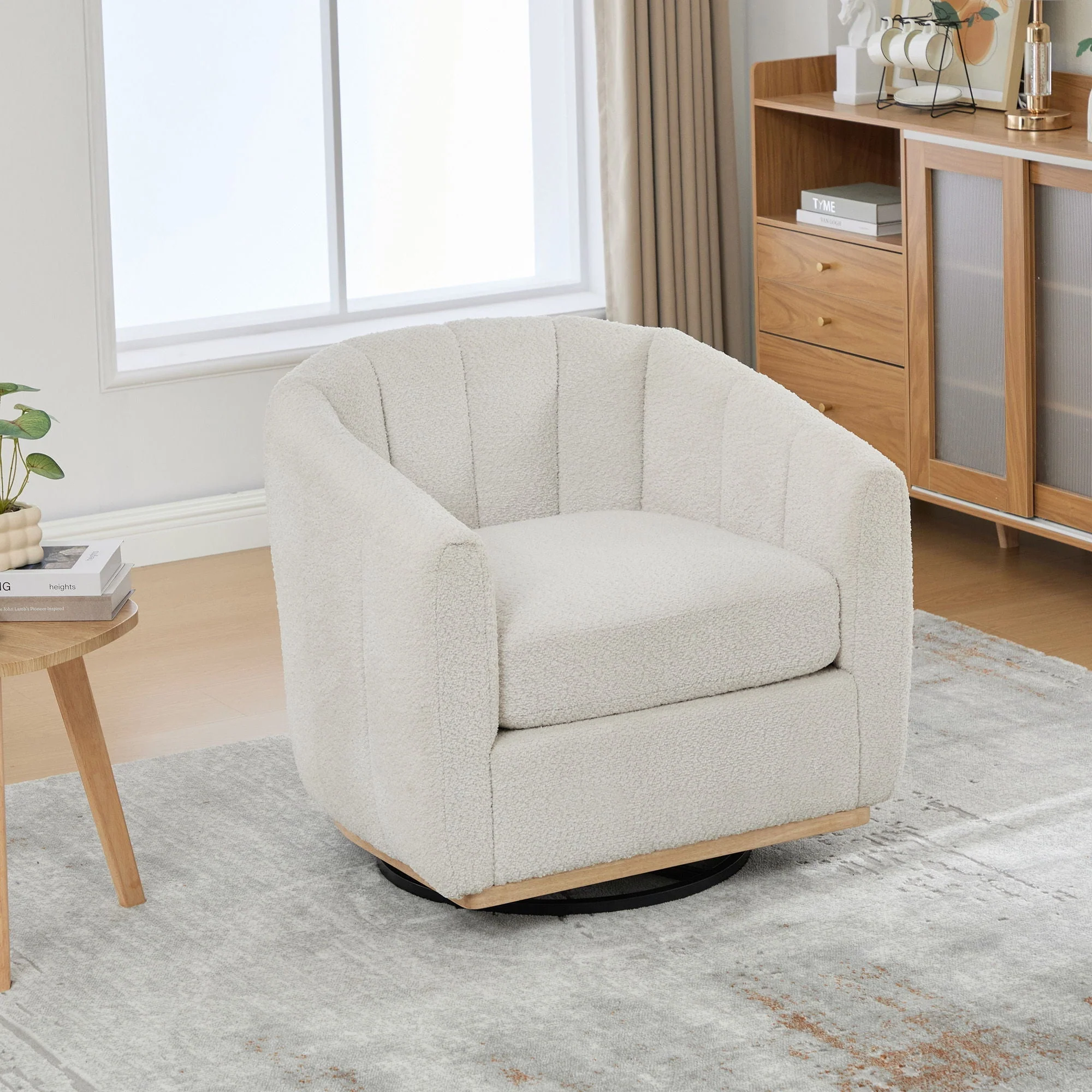 360 Degrees Swivel Upholstered Barrel Armchair For Living Room - Ivory - Image 4