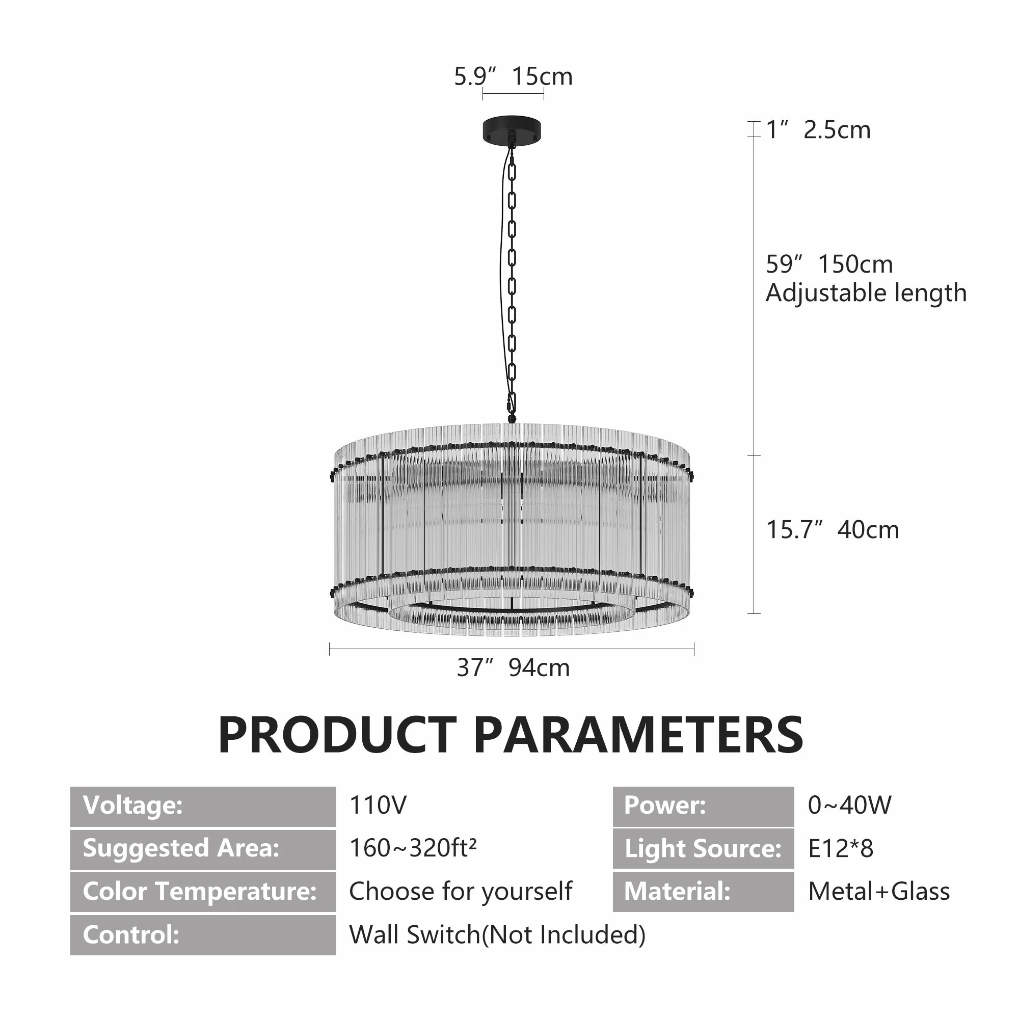 37-Inch Modern Black Round 8-Light Crystal Chandelier - Image 8