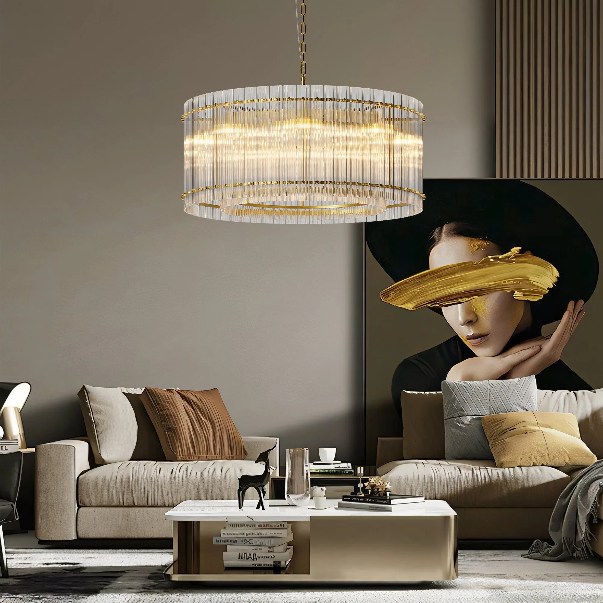 37' Modern Gold Round Chandelier,2-Tier 8-Light Water Ripple Crystal Glass Chandeliers,for Dining Room,Living Room,Bedroom,High Ceiling,Foyer Entryway,Luxury Chandelier