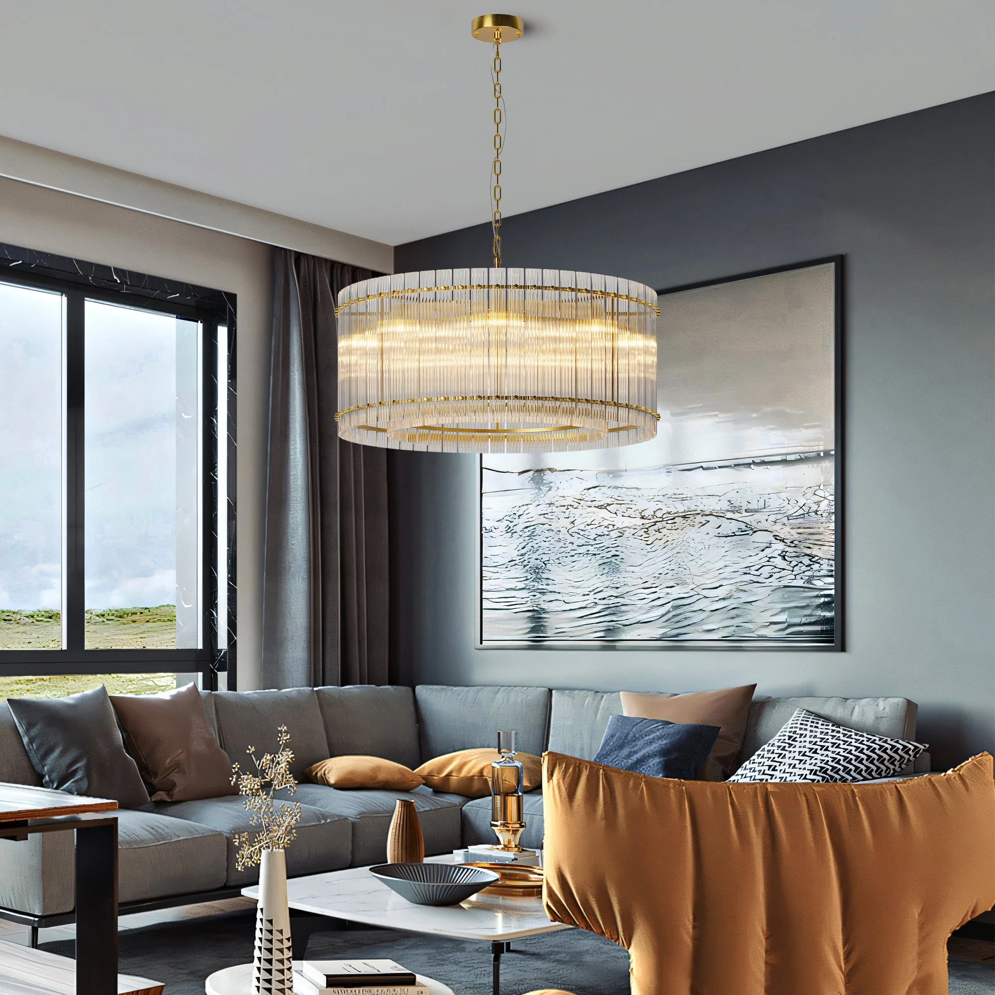 37' Modern Gold Round Chandelier,2-Tier 8-Light Water Ripple Crystal Glass Chandeliers,for Dining Room,Living Room,Bedroom,High Ceiling,Foyer Entryway,Luxury Chandelier - Image 3