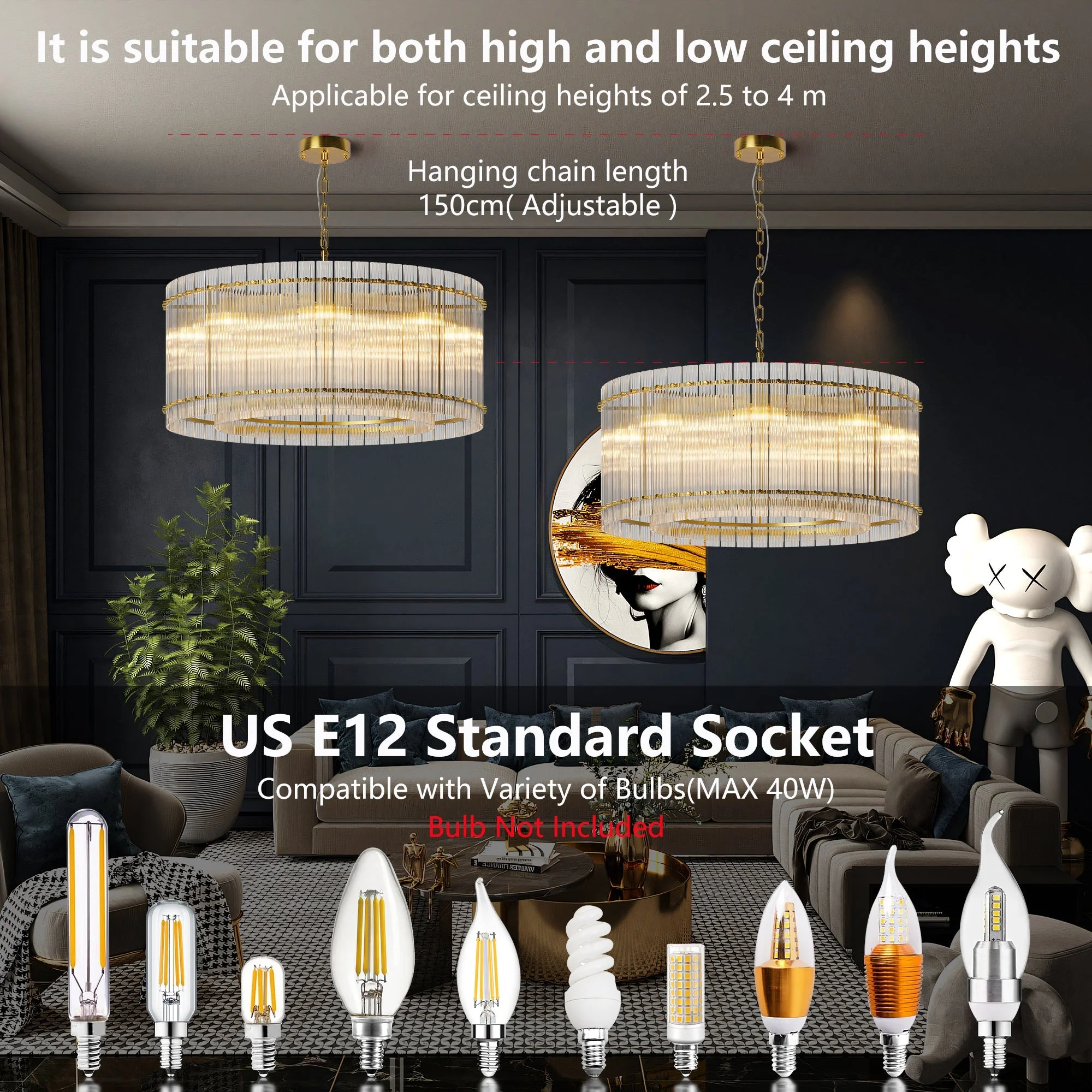 37' Modern Gold Round Chandelier,2-Tier 8-Light Water Ripple Crystal Glass Chandeliers,for Dining Room,Living Room,Bedroom,High Ceiling,Foyer Entryway,Luxury Chandelier - Image 4