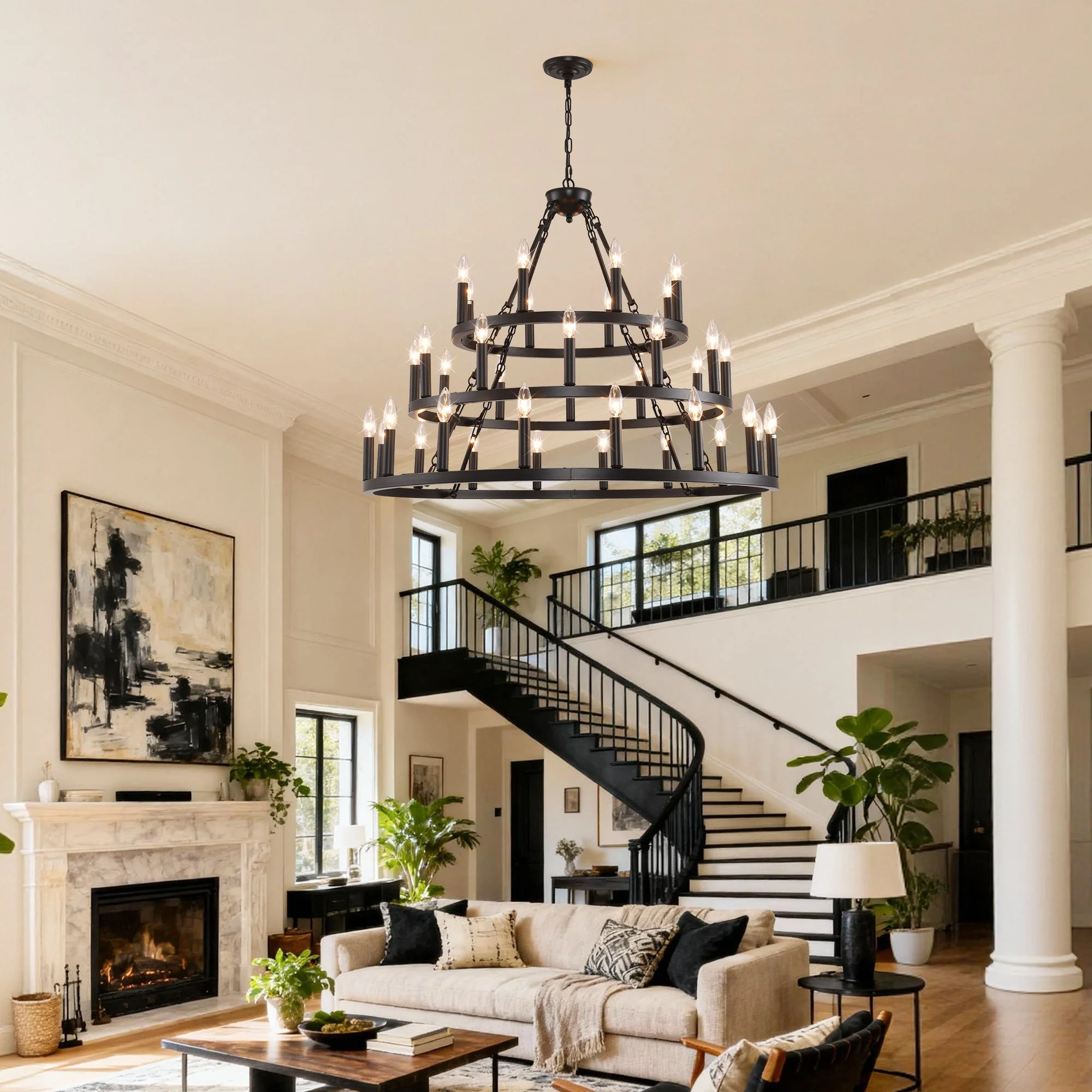 39.37 Inch 3-Tiers Wagon Wheel Chandelier - Image 3