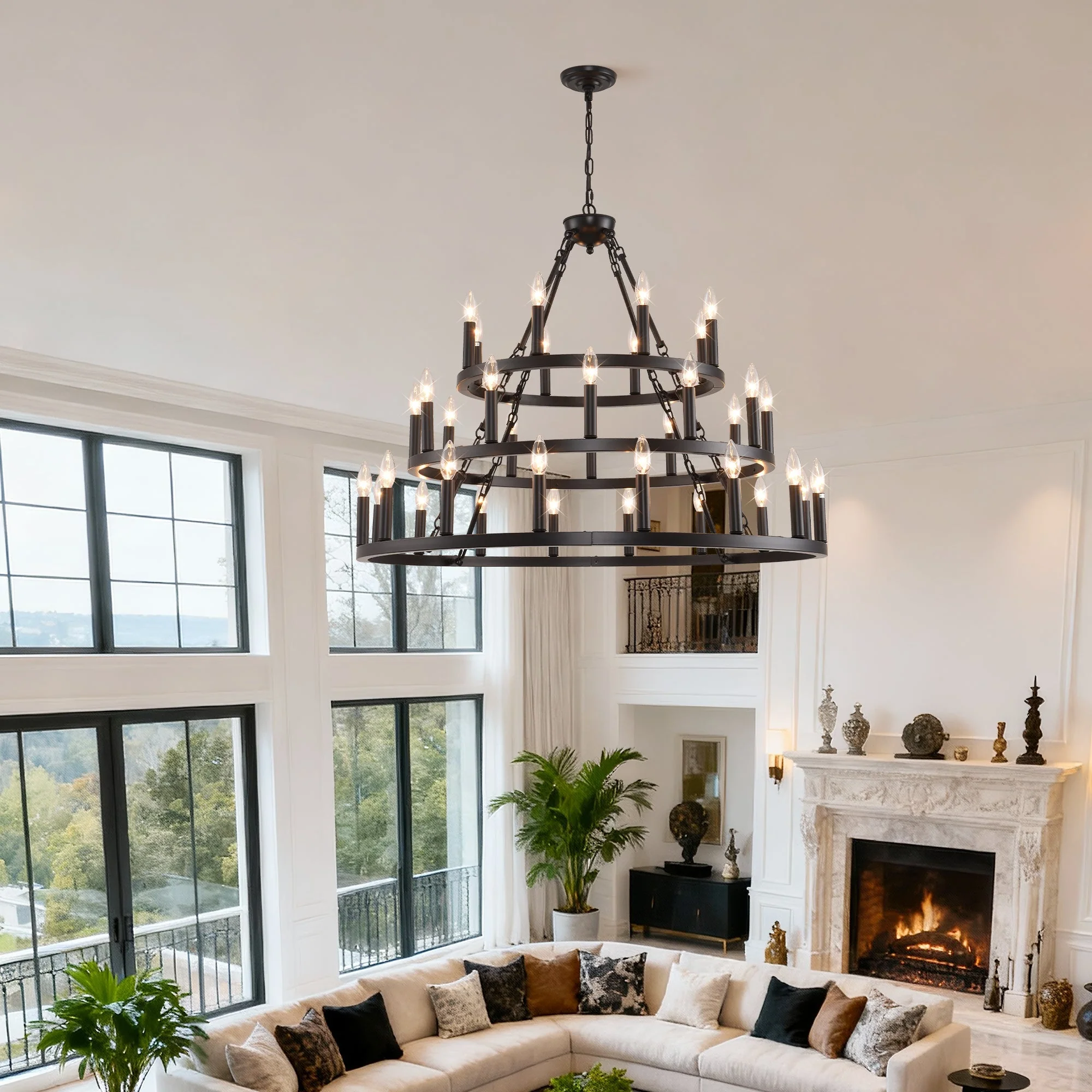 39.37 Inch 3-Tiers Wagon Wheel Chandelier - Image 4