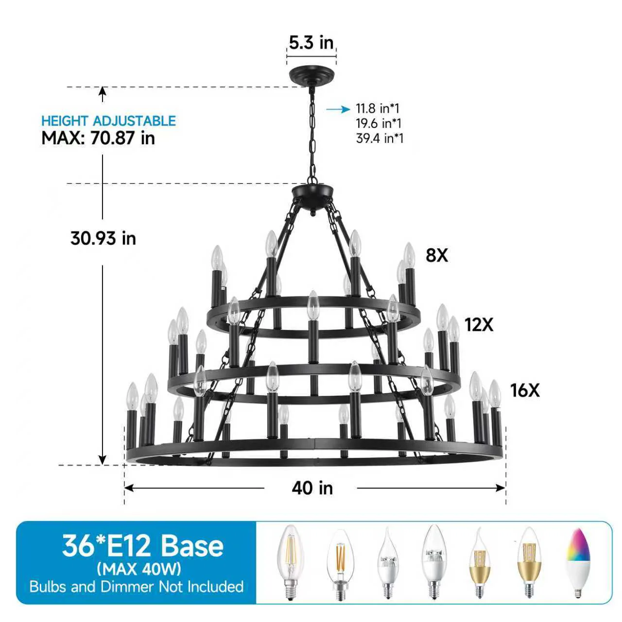 39.37 Inch 3-Tiers Wagon Wheel Chandelier - Image 7