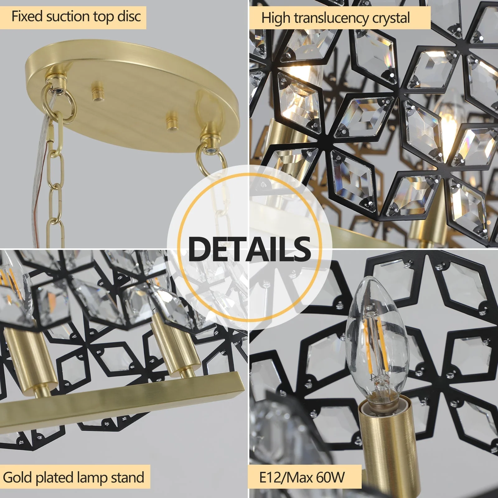 39" Contemporary Crystal and Black-Gold Pendant Chandelier - Image 12
