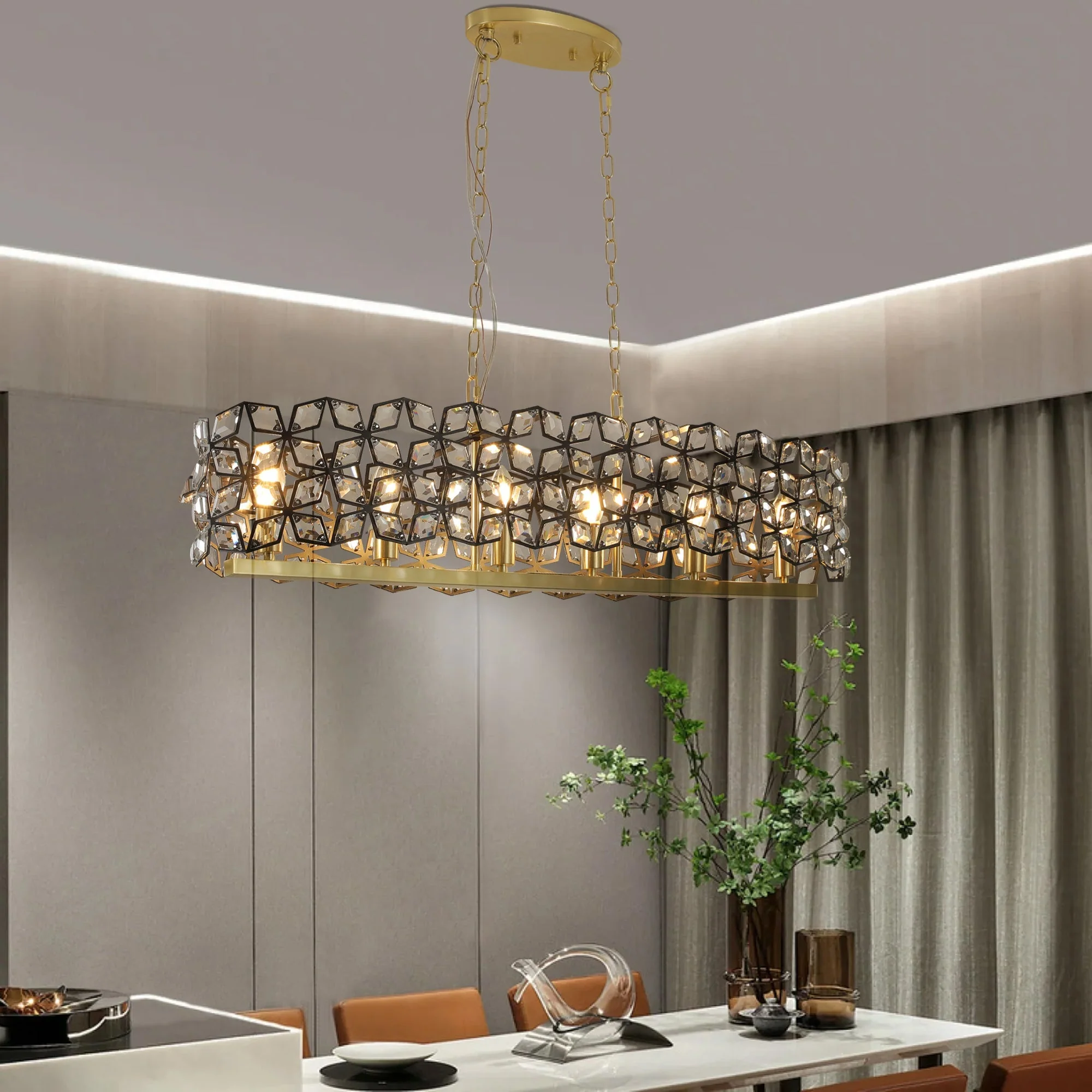 39" Contemporary Crystal and Black-Gold Pendant Chandelier - Image 2