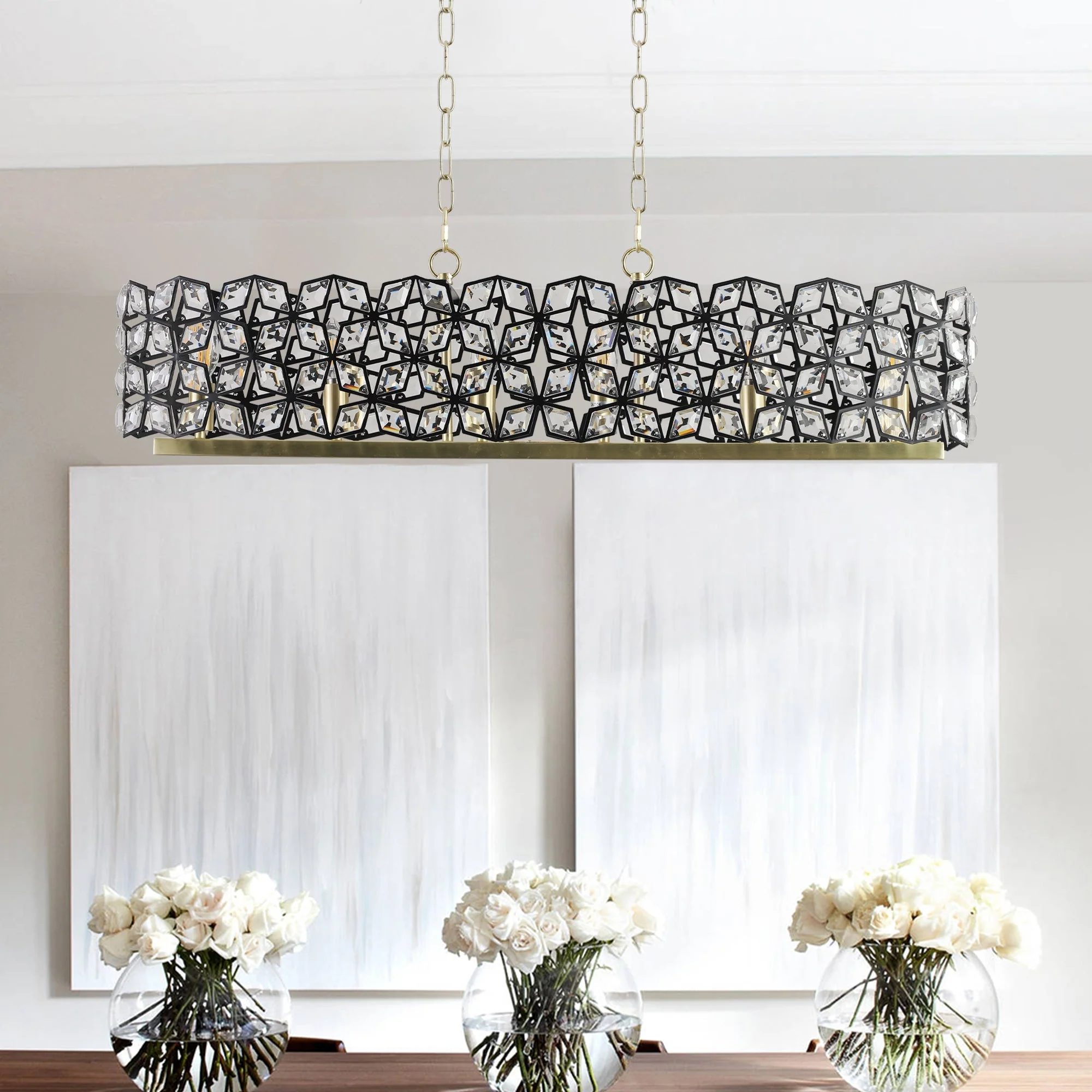 39" Contemporary Crystal and Black-Gold Pendant Chandelier - Image 4