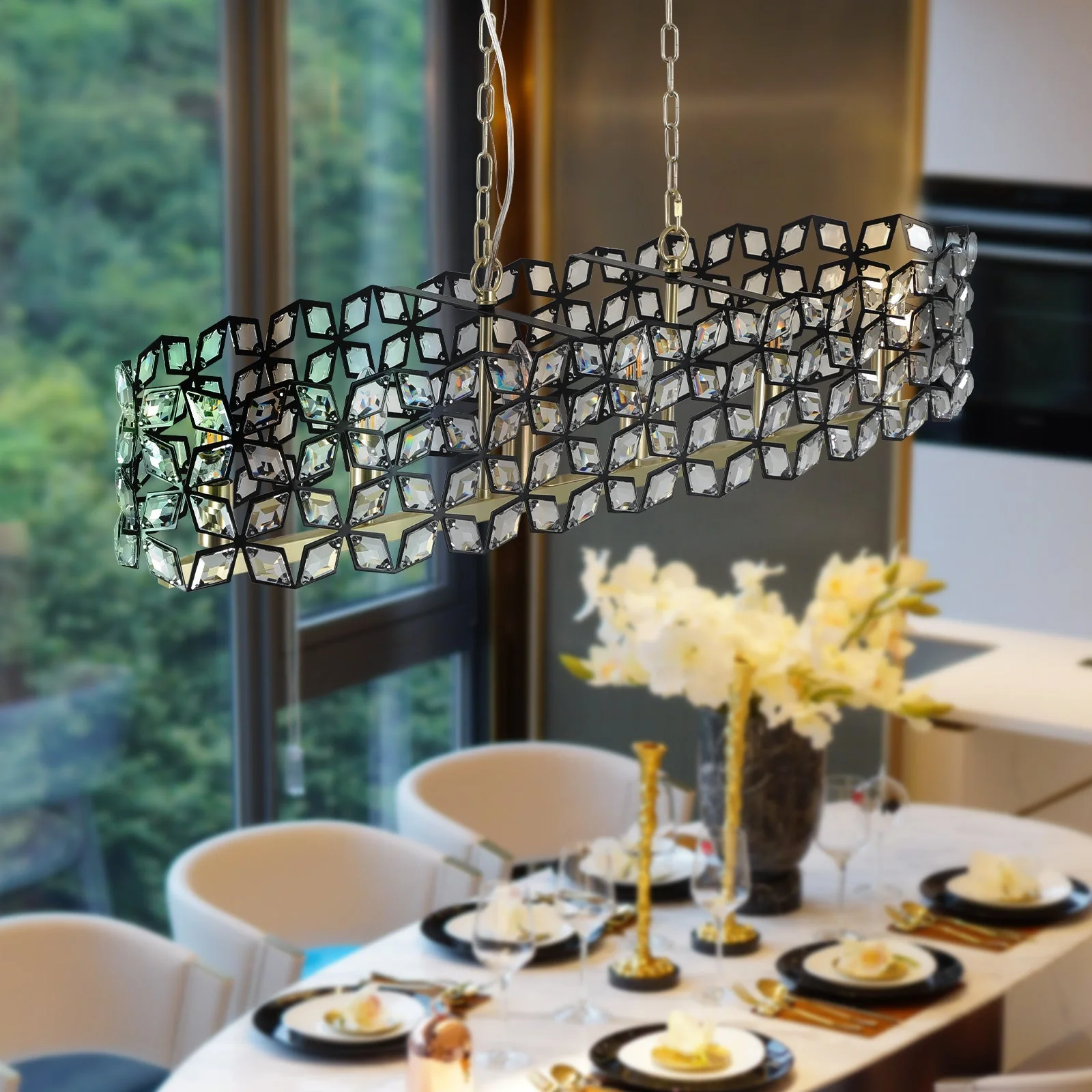 39" Contemporary Crystal and Black-Gold Pendant Chandelier - Image 7
