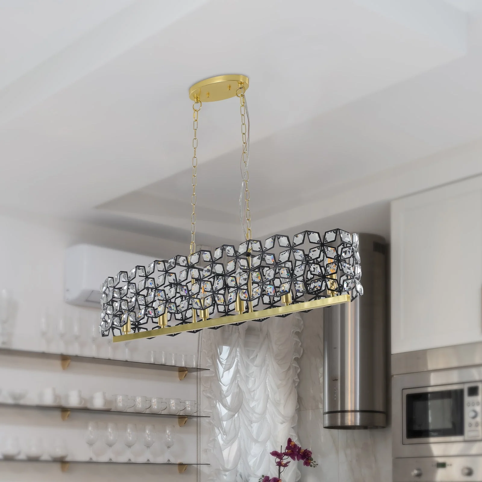 39" Contemporary Crystal and Black-Gold Pendant Chandelier - Image 8