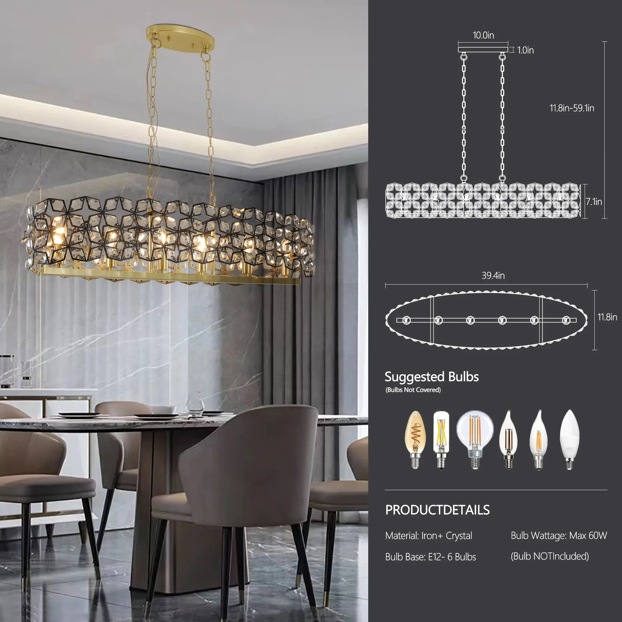 39" Contemporary Crystal and Black-Gold Pendant Chandelier - Image 9