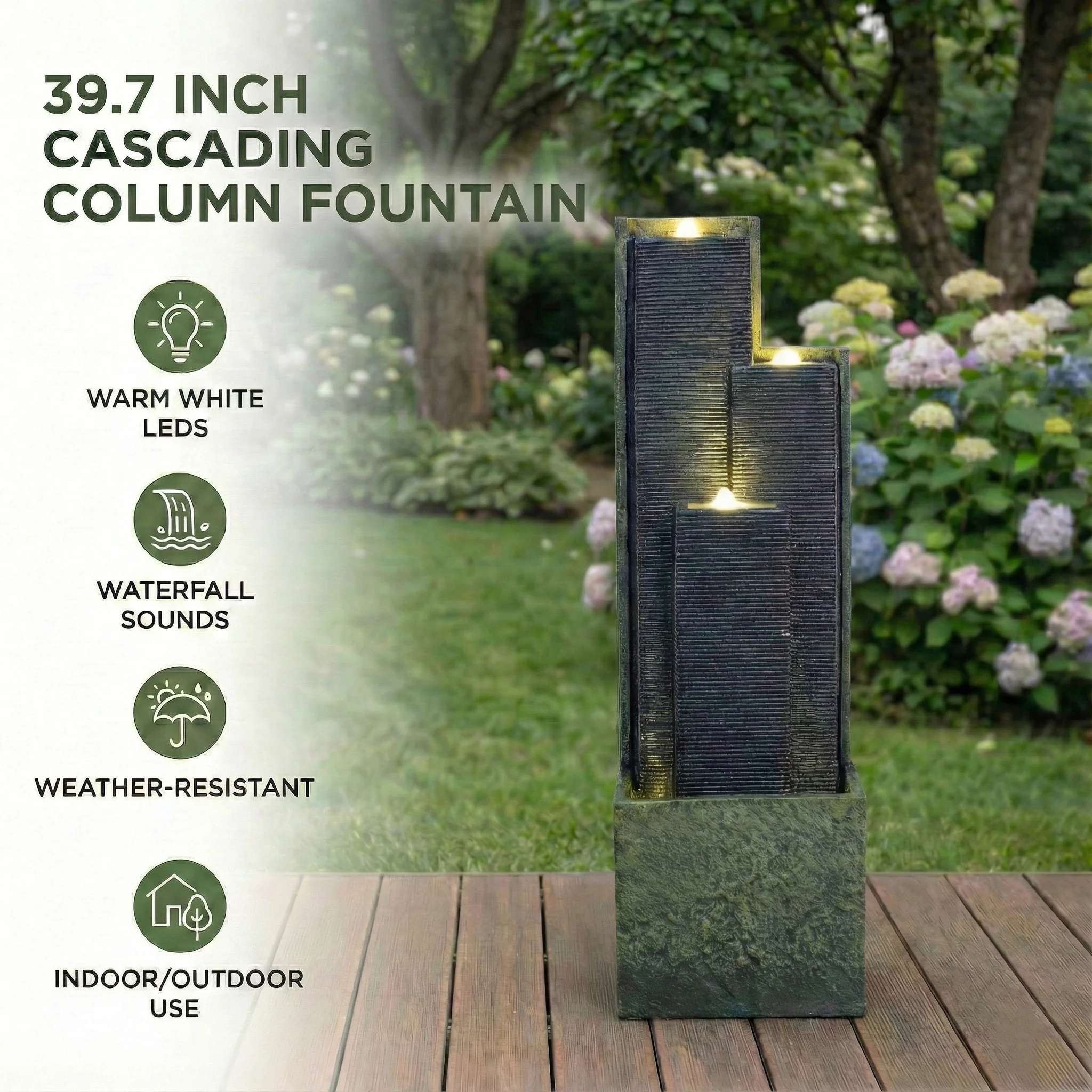 39'' H Outdoor Water Fountain Modern Cascading Freestanding Fountain with LED Lights for Garden Patio Porch Lawn Backyard Decor - Image 2