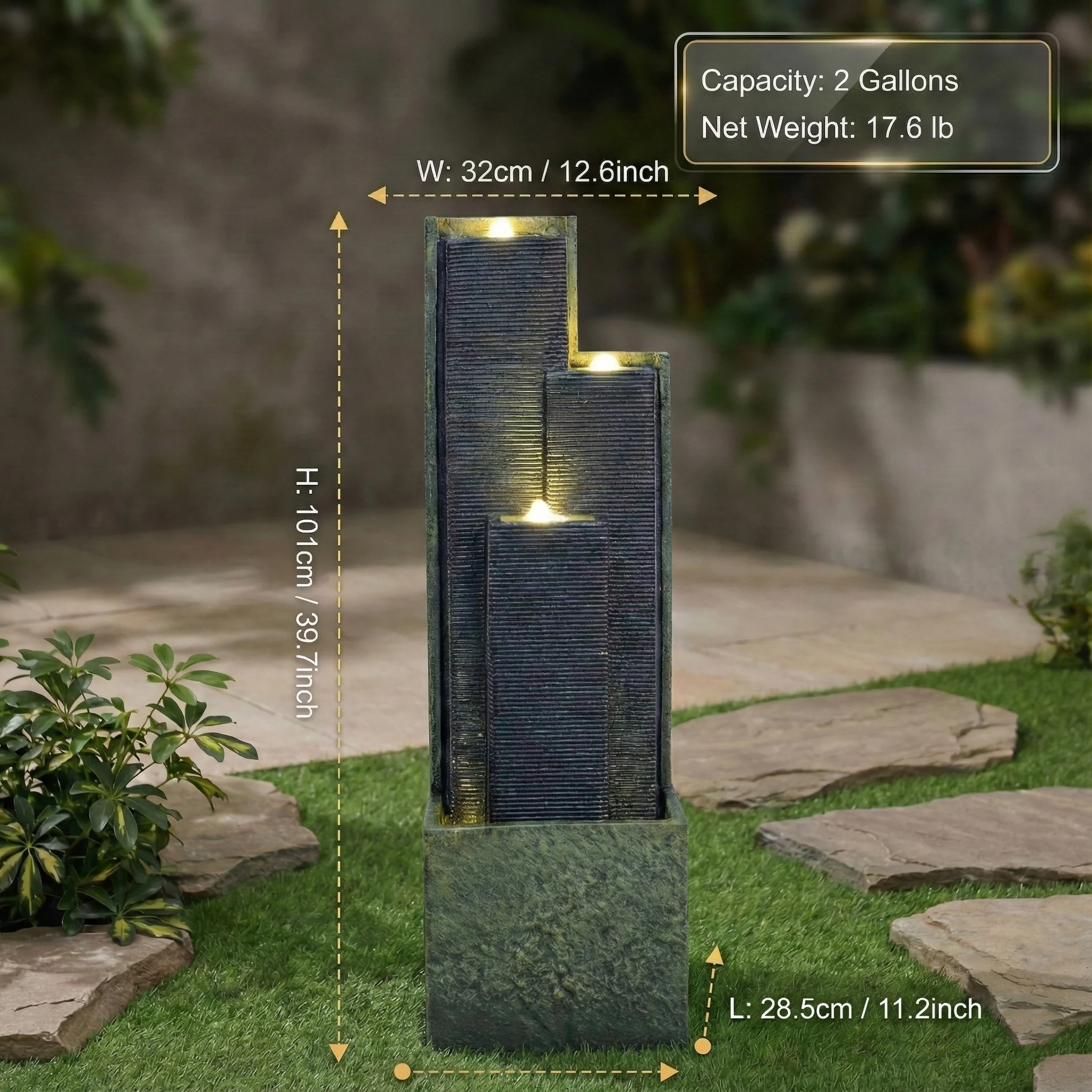39'' H Outdoor Water Fountain Modern Cascading Freestanding Fountain with LED Lights for Garden Patio Porch Lawn Backyard Decor - Image 3